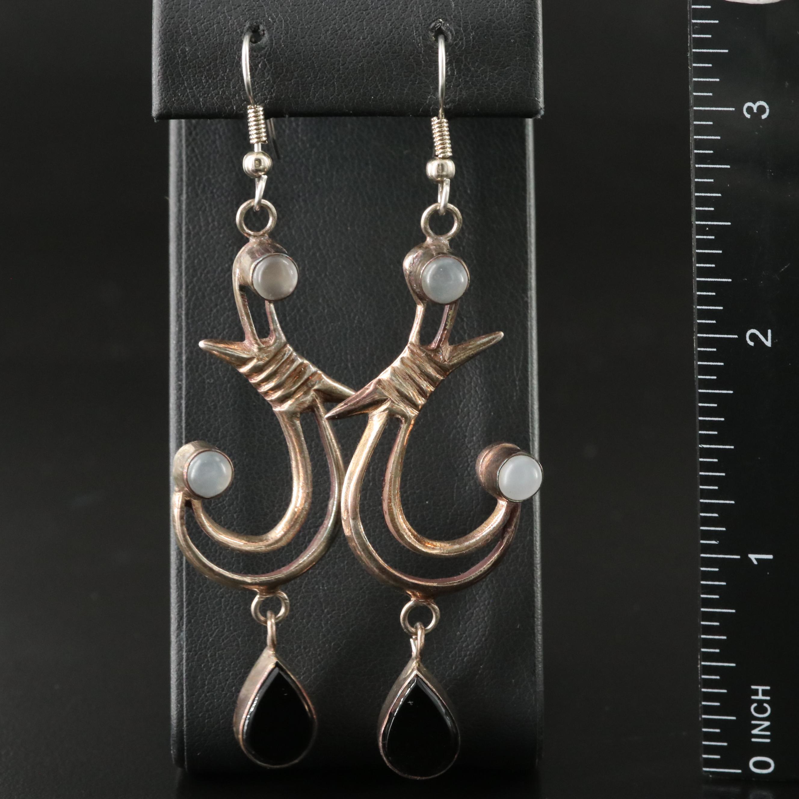 Sterling Black Onyx and Moonstone Makau Earrings