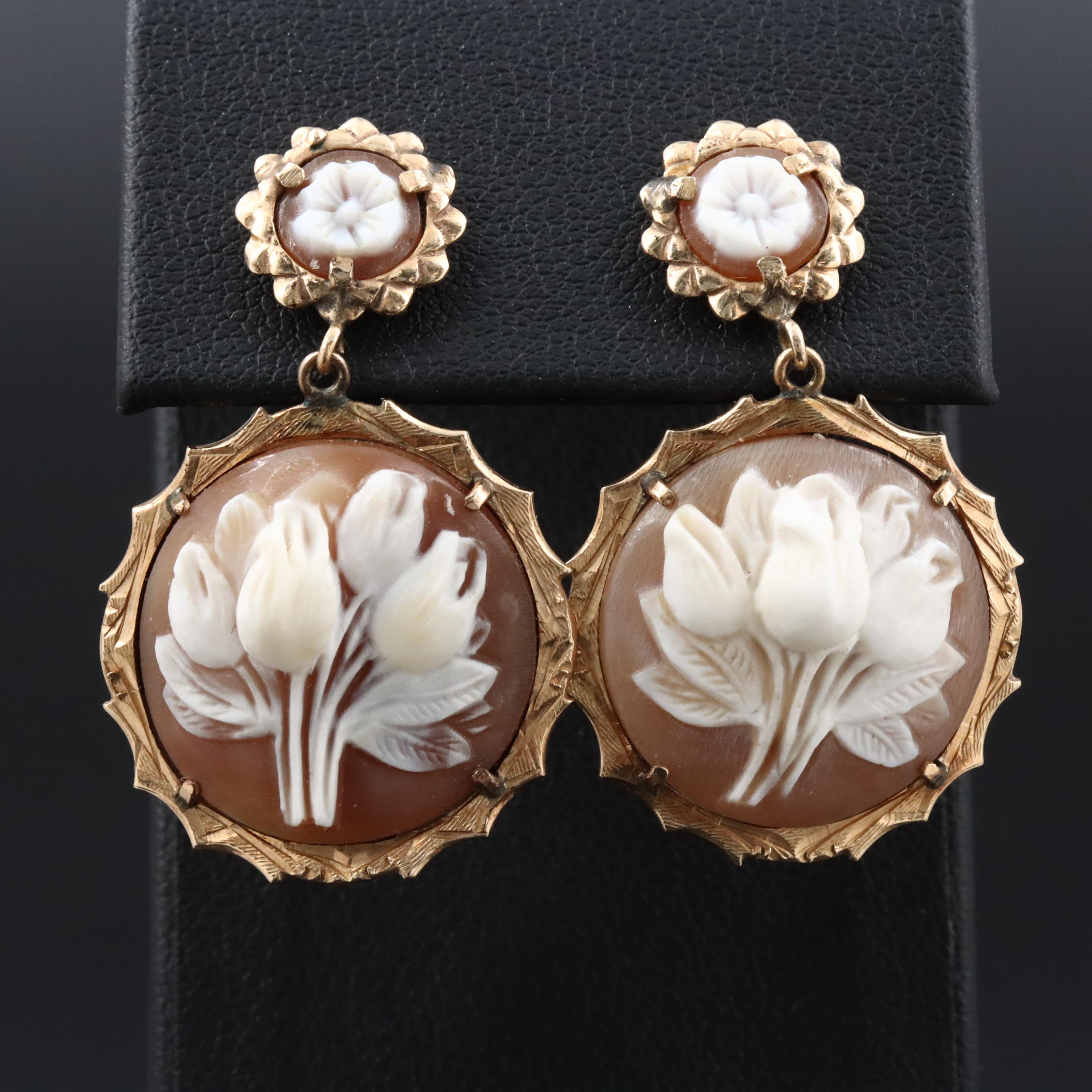 Vintage 10K Shell Cameo Flower Earrings