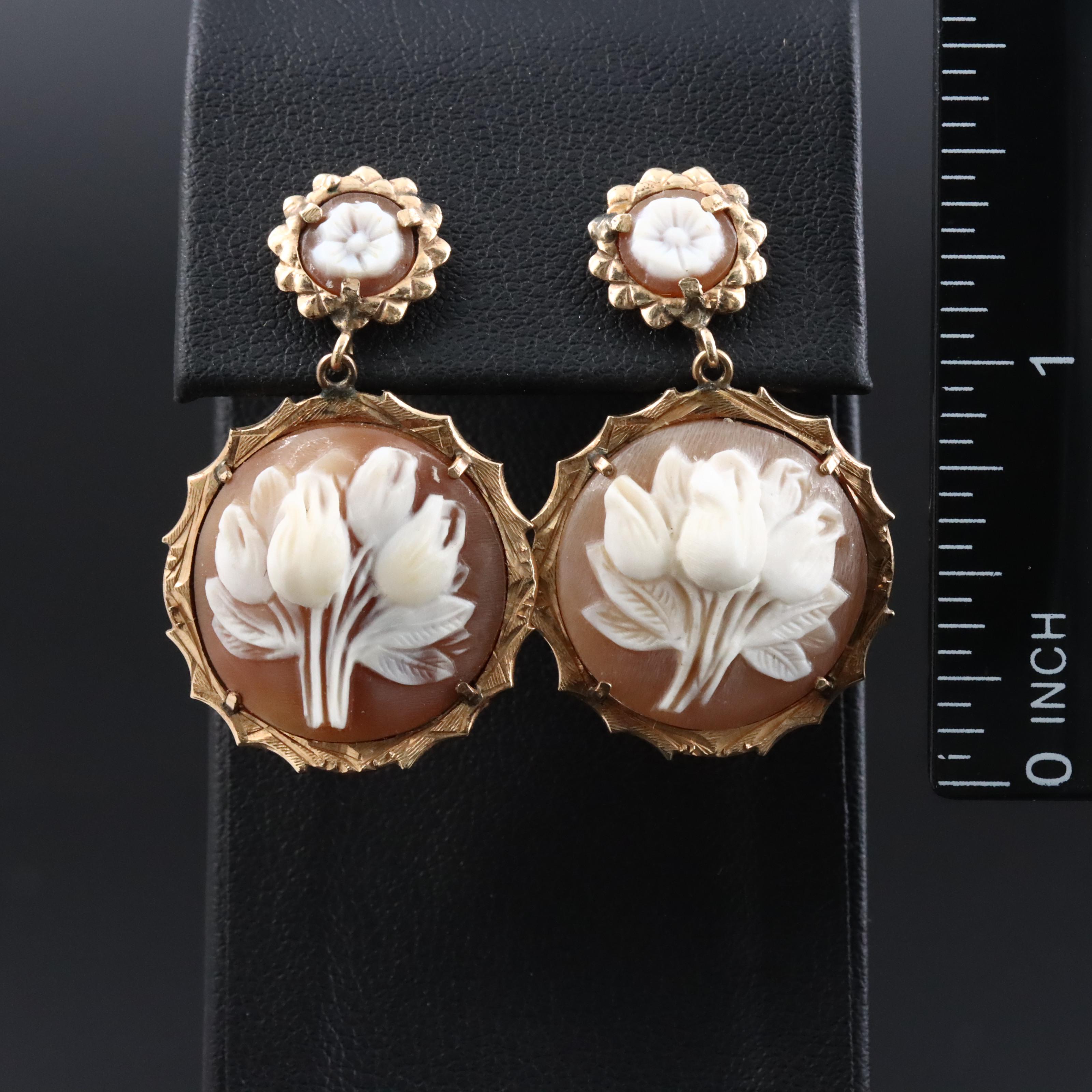 Vintage 10K Shell Cameo Flower Earrings