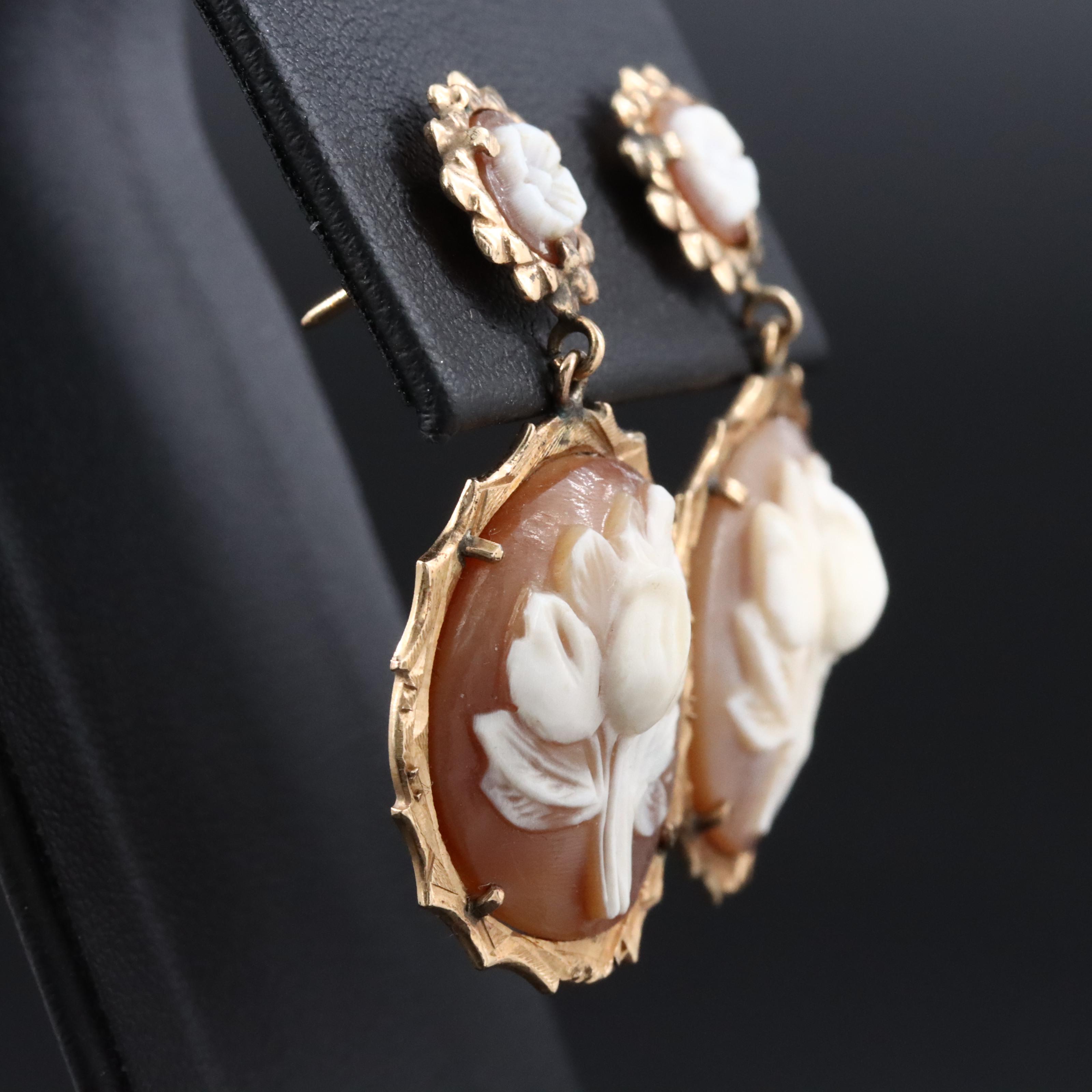 Vintage 10K Shell Cameo Flower Earrings