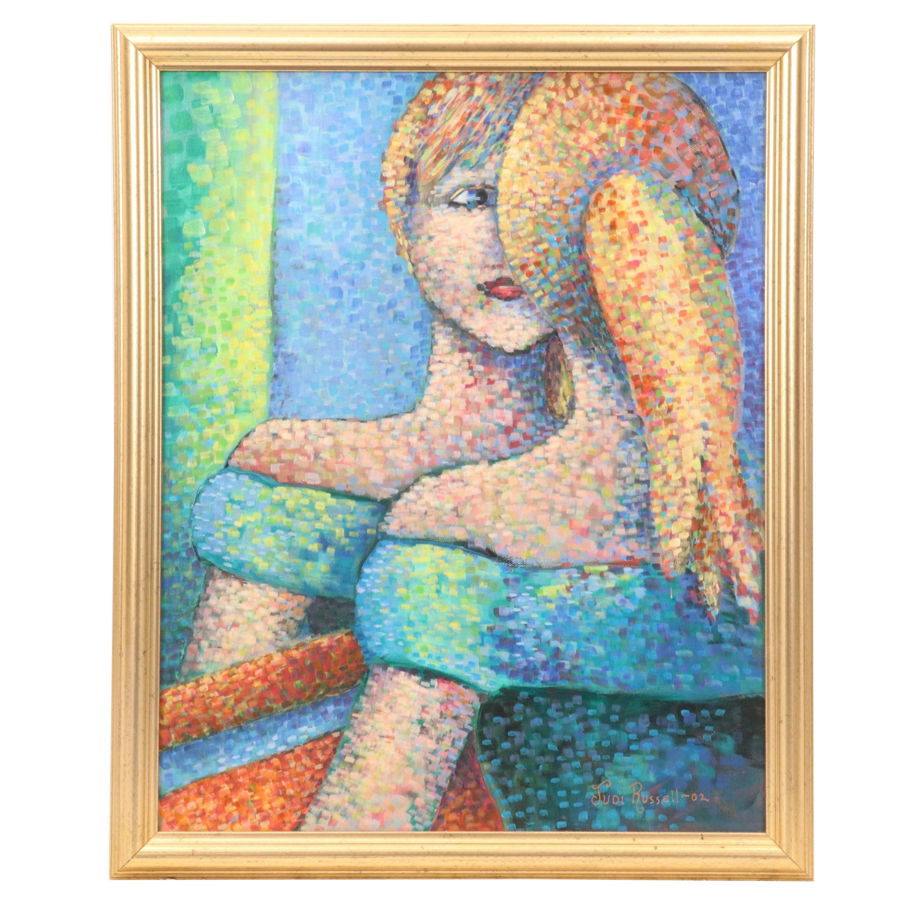 Judi Russell Pointillist Acrylic Portrait Painting with Reflection, 2002