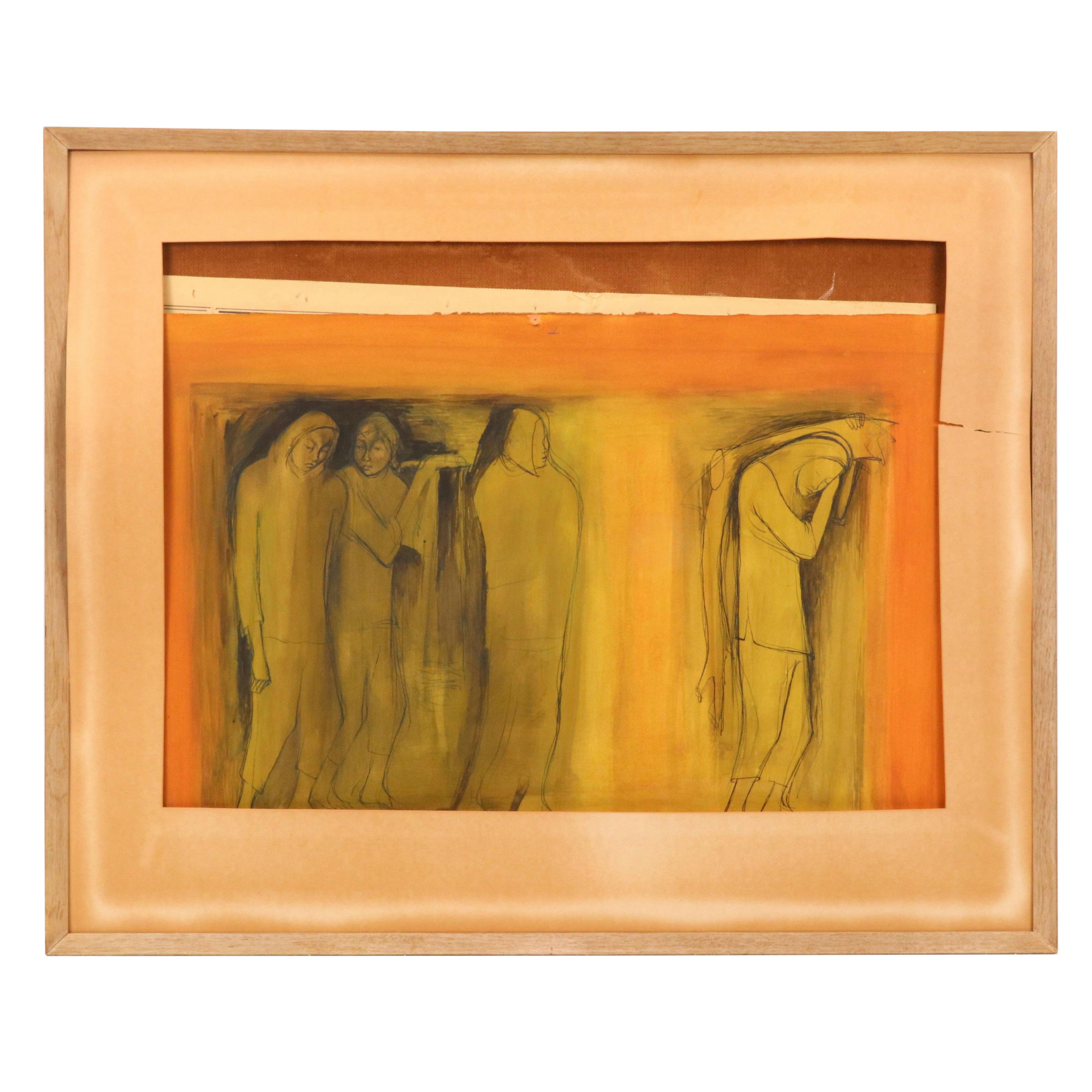 Mid Century Modern Mixed Media Drawing of Figures, 1960