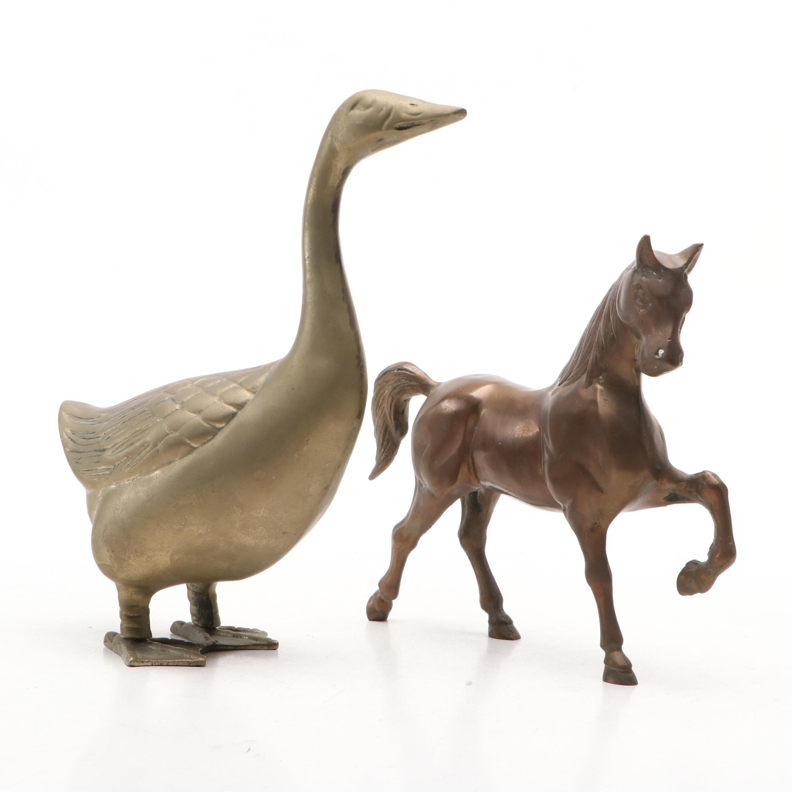 Brass Goose and Prancing Horse, Mid-20th Century