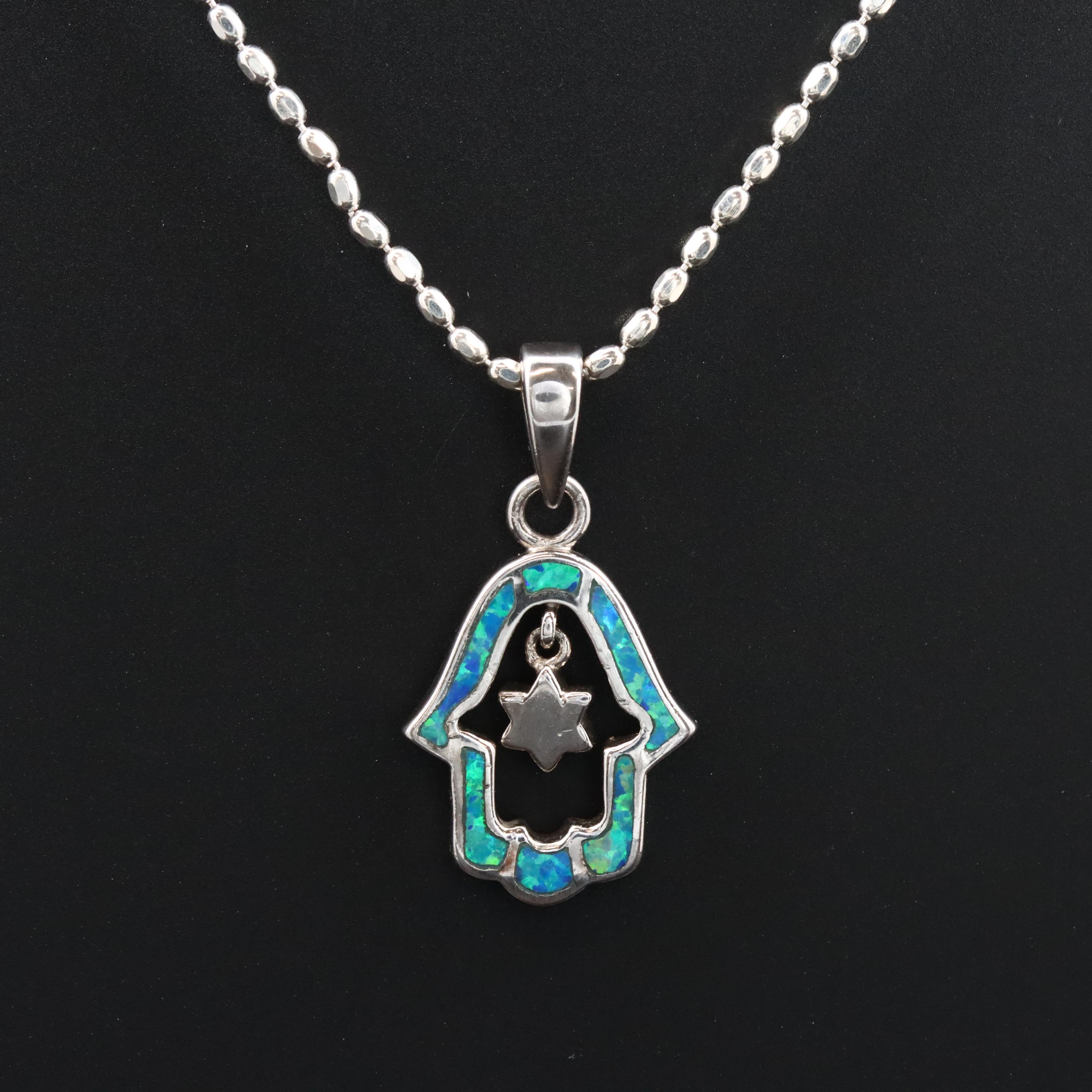 Sterling Lab Grown Opal Inlay Hamsa Pendant Necklace