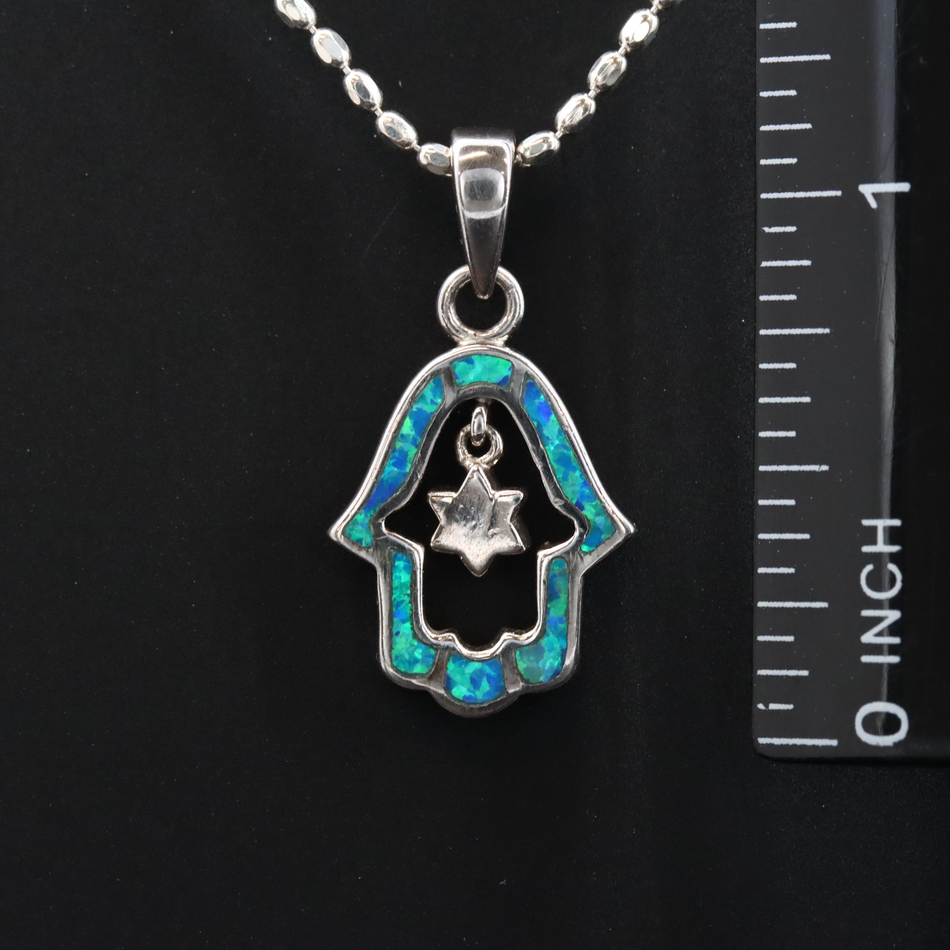 Sterling Lab Grown Opal Inlay Hamsa Pendant Necklace