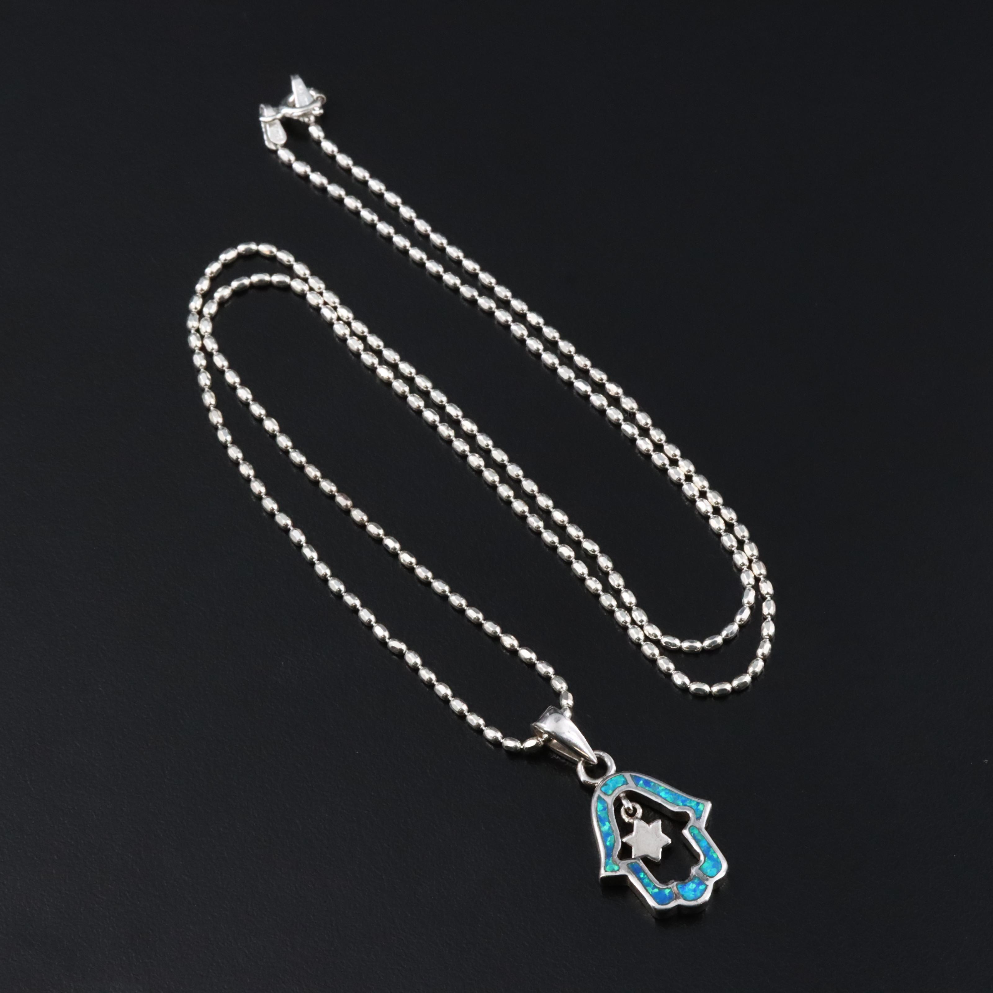 Sterling Lab Grown Opal Inlay Hamsa Pendant Necklace