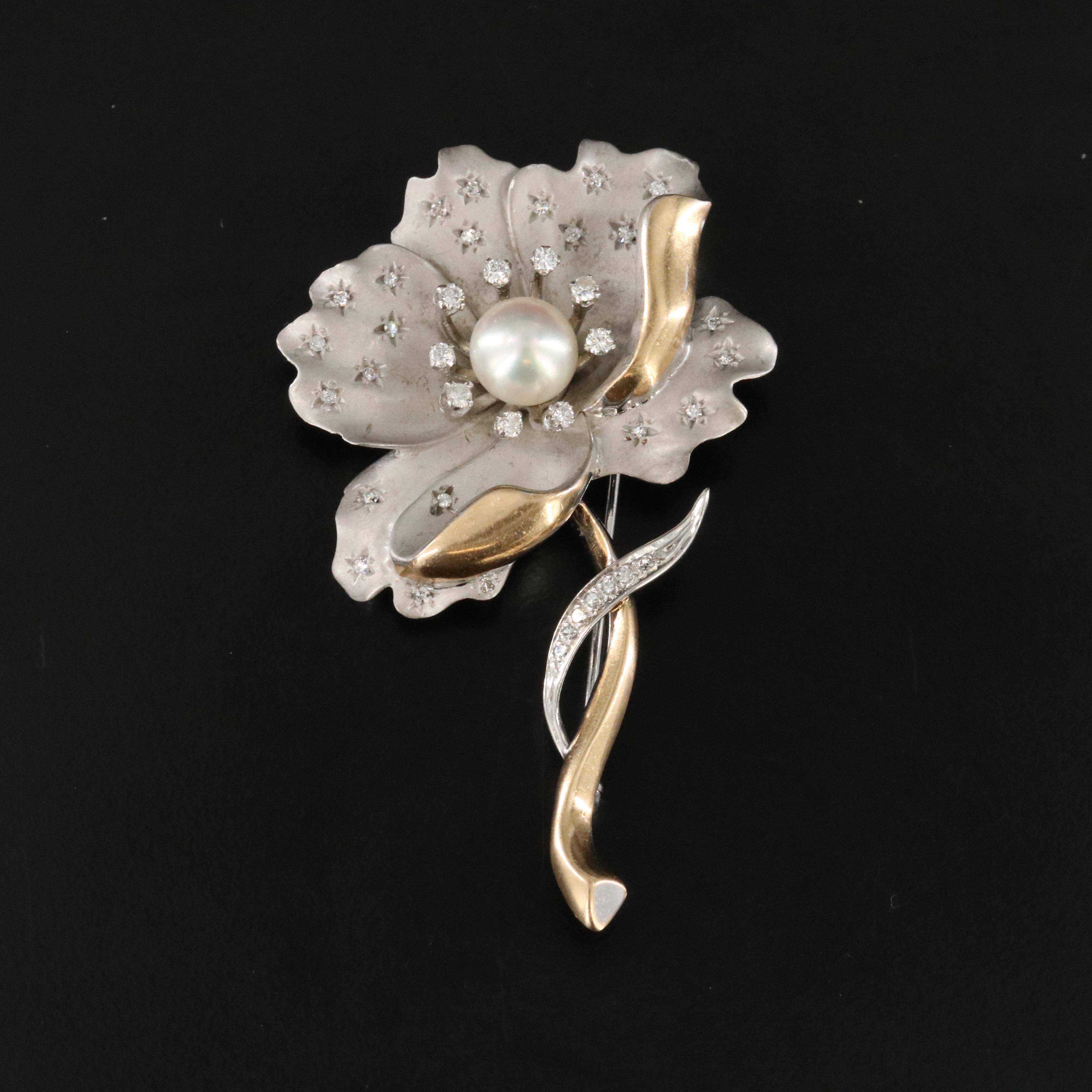 Honora 14K Pearl and Diamond Flower Brooch
