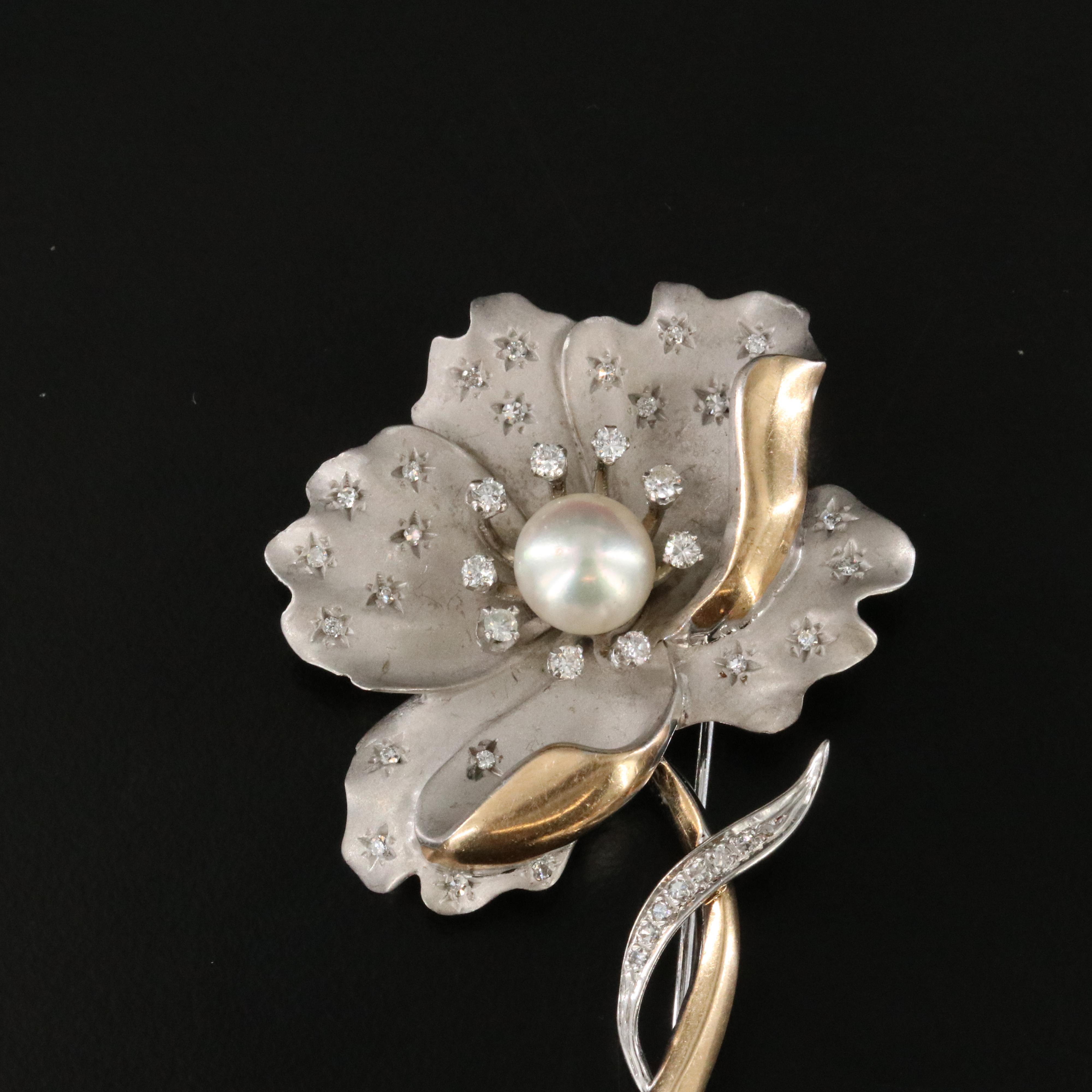 Honora 14K Pearl and Diamond Flower Brooch