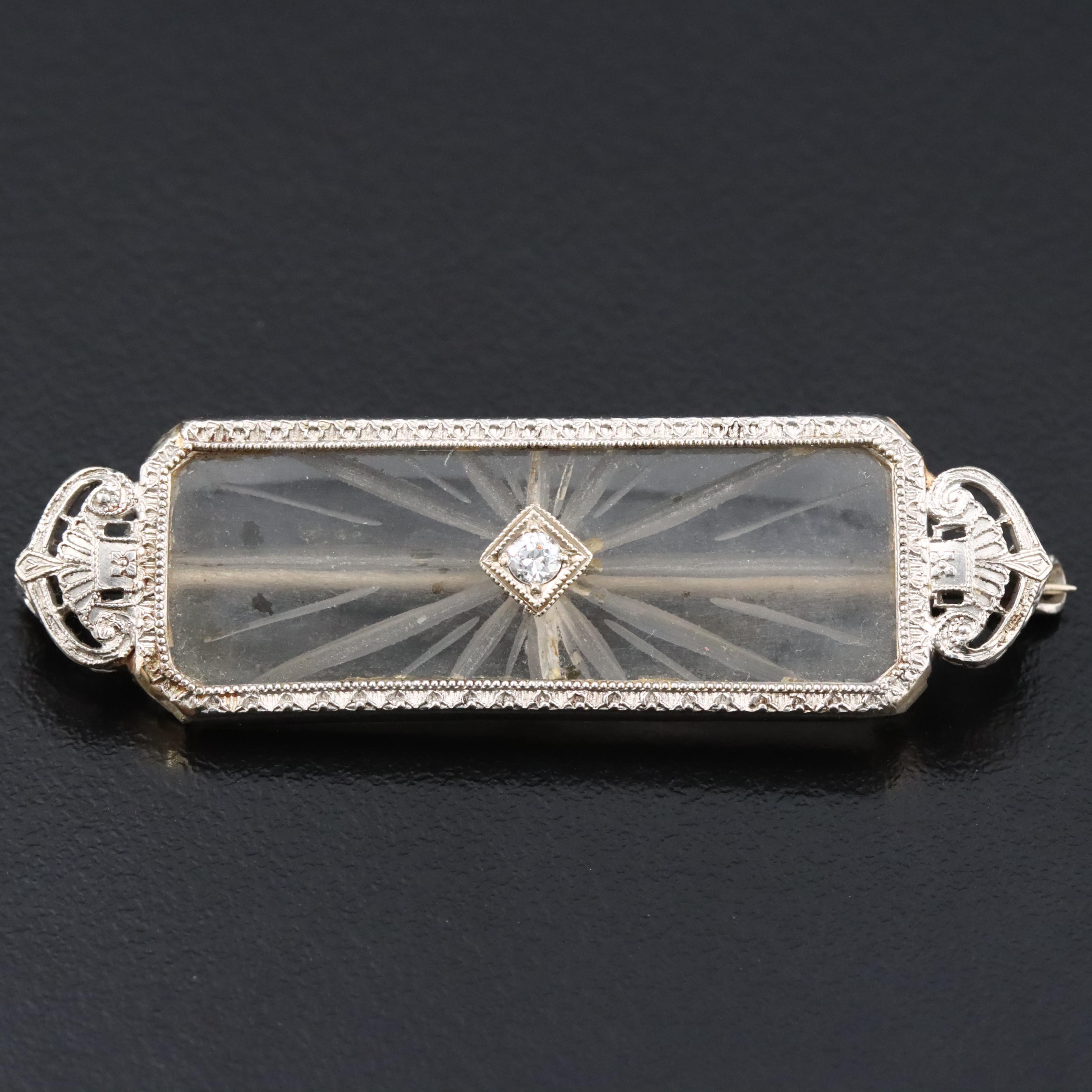 Art Deco Charles & Keller Co. Platinum and 14K, Rock Crystal Quartz, Diamond Pin