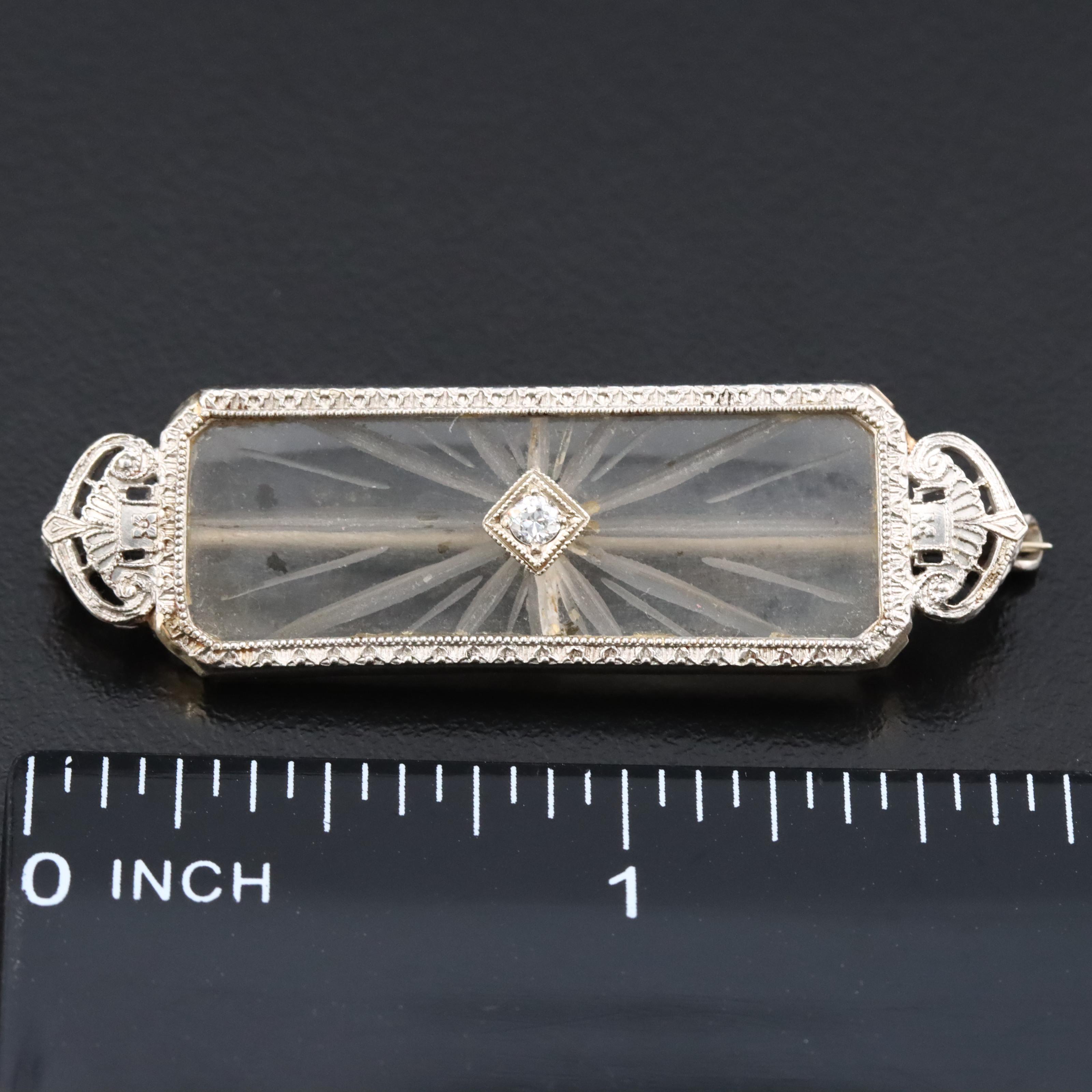 Art Deco Charles & Keller Co. Platinum and 14K, Rock Crystal Quartz, Diamond Pin
