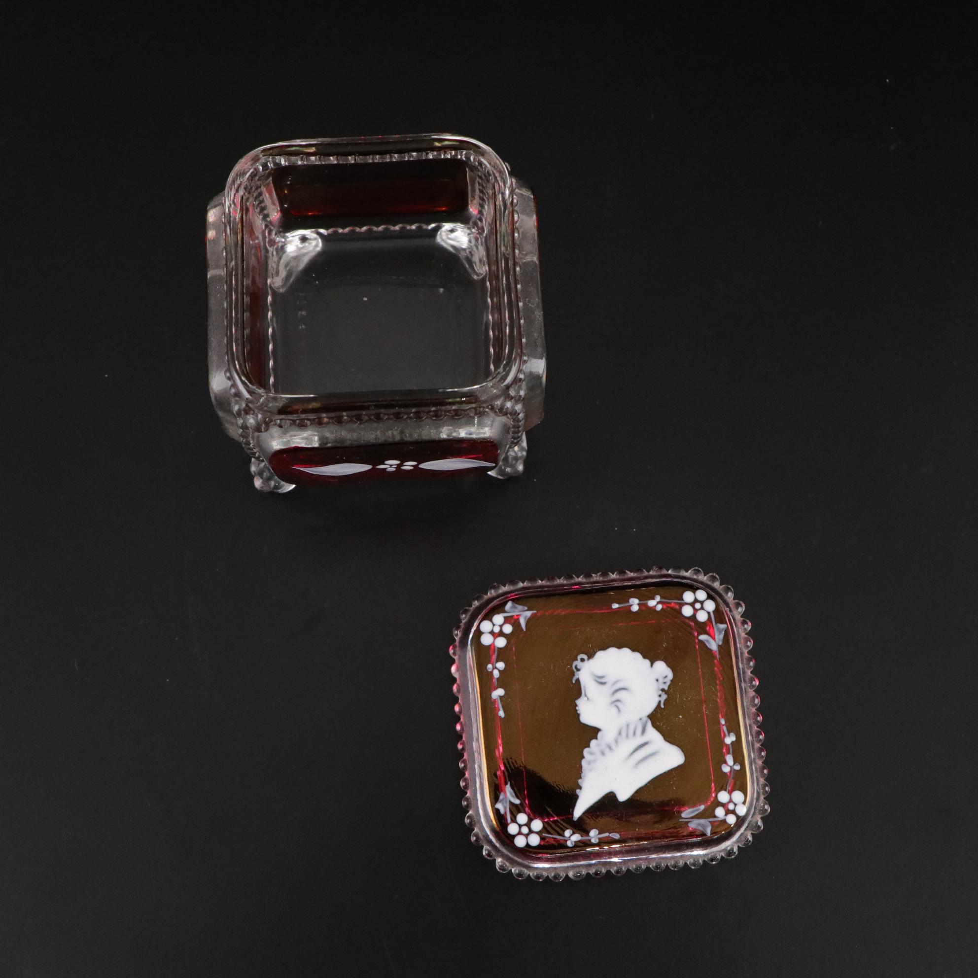 Footed Ruby Iridescent Flash Box, 1915 Commemorative Toothpick Holder and More