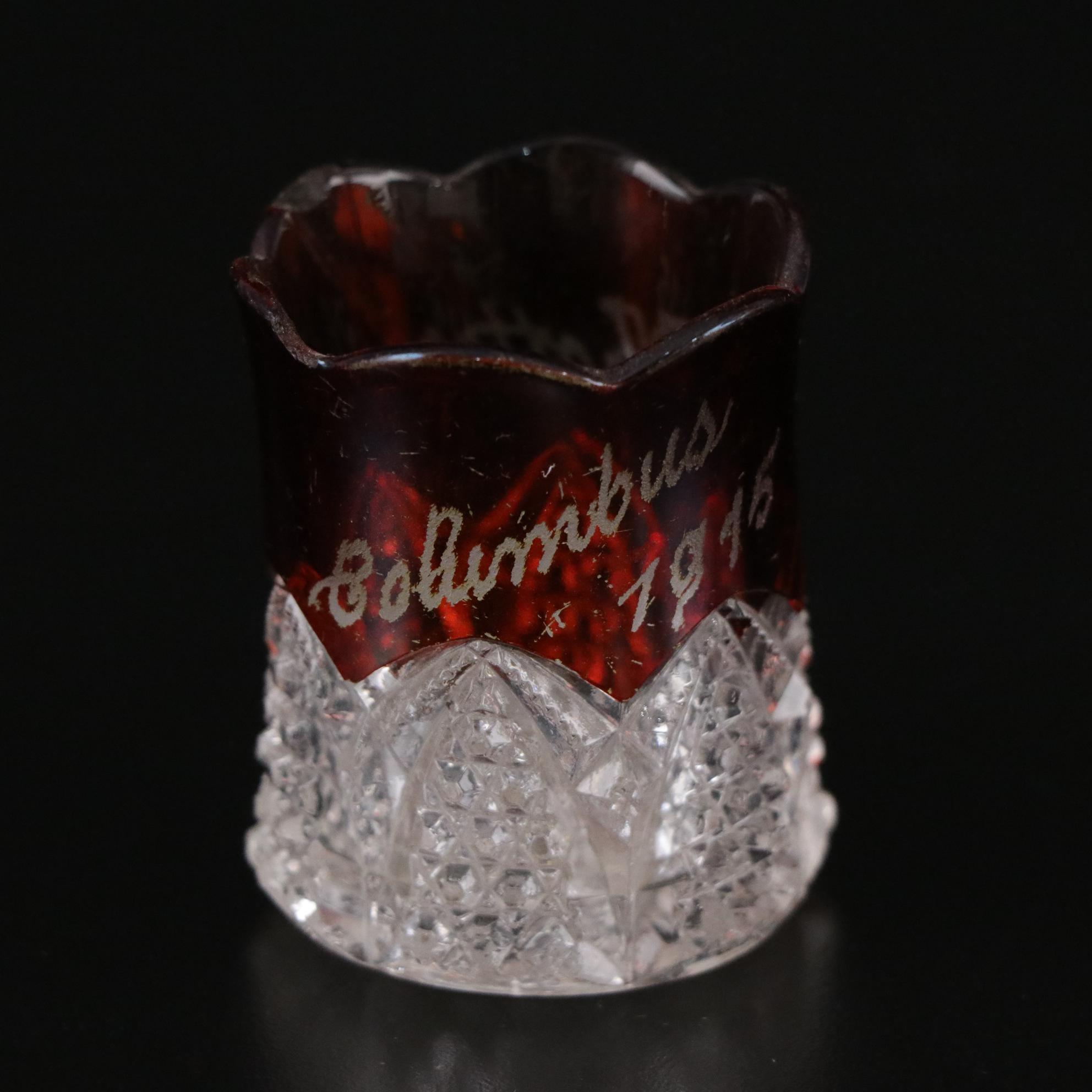 Footed Ruby Iridescent Flash Box, 1915 Commemorative Toothpick Holder and More