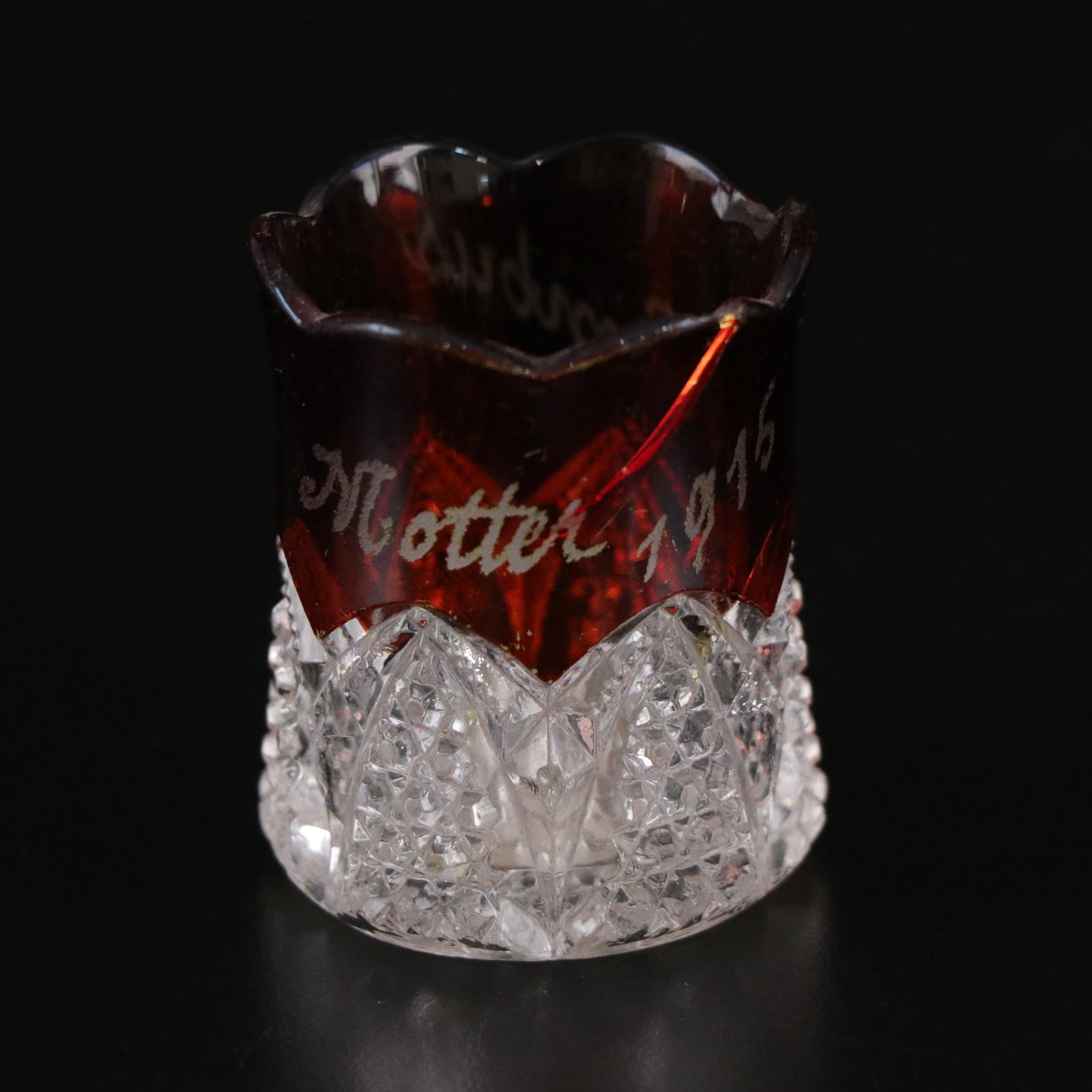 Footed Ruby Iridescent Flash Box, 1915 Commemorative Toothpick Holder and More