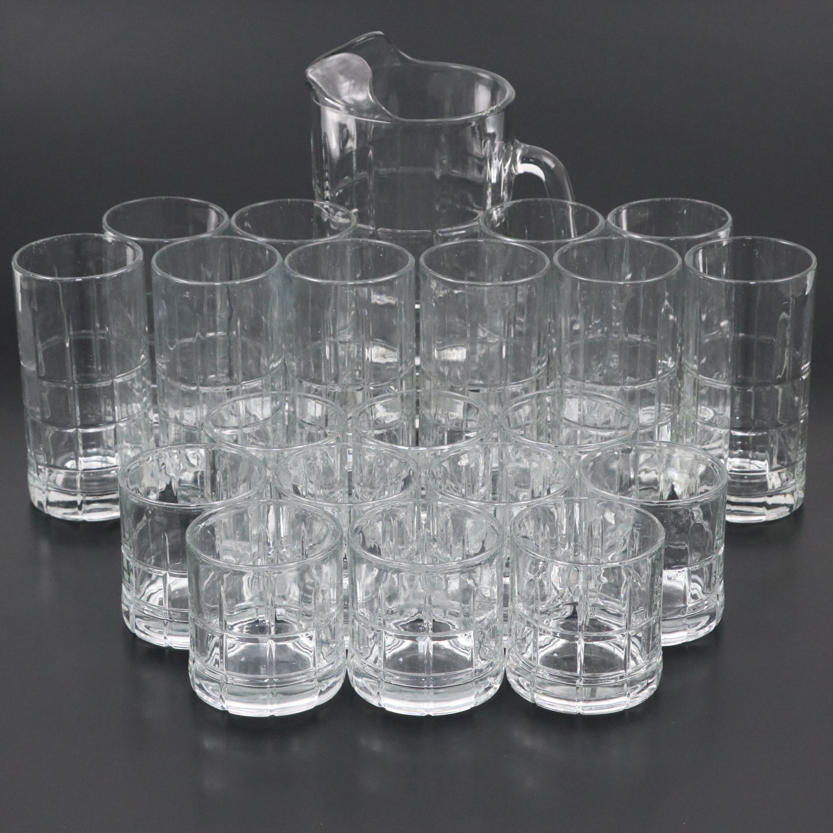 Anchor Hocking "Tartan Clear" Pitcher, Tumblers, and Old Fashioned Glasses