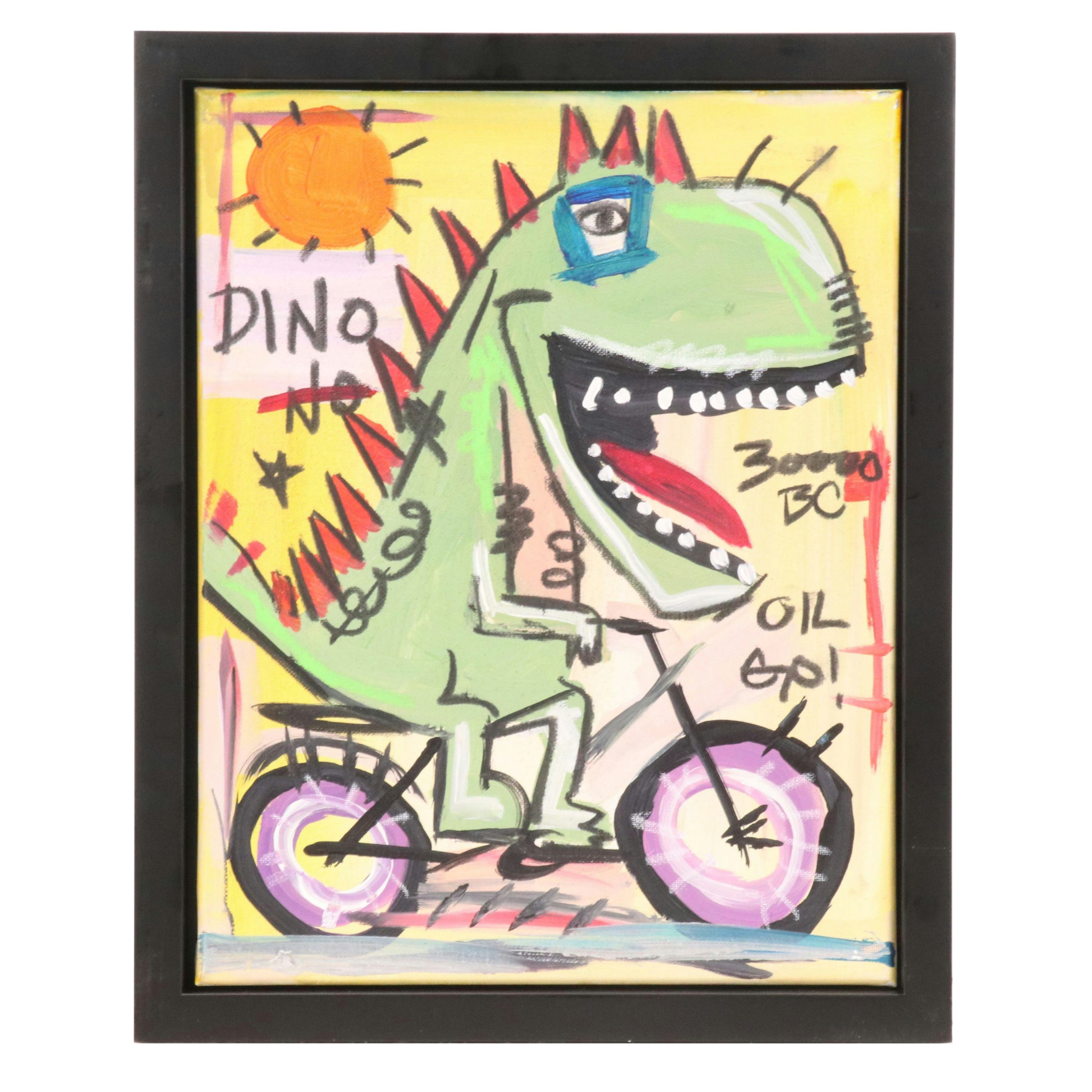 Cor Stylized Acrylic Painting of T-Rex on Bike, 2025