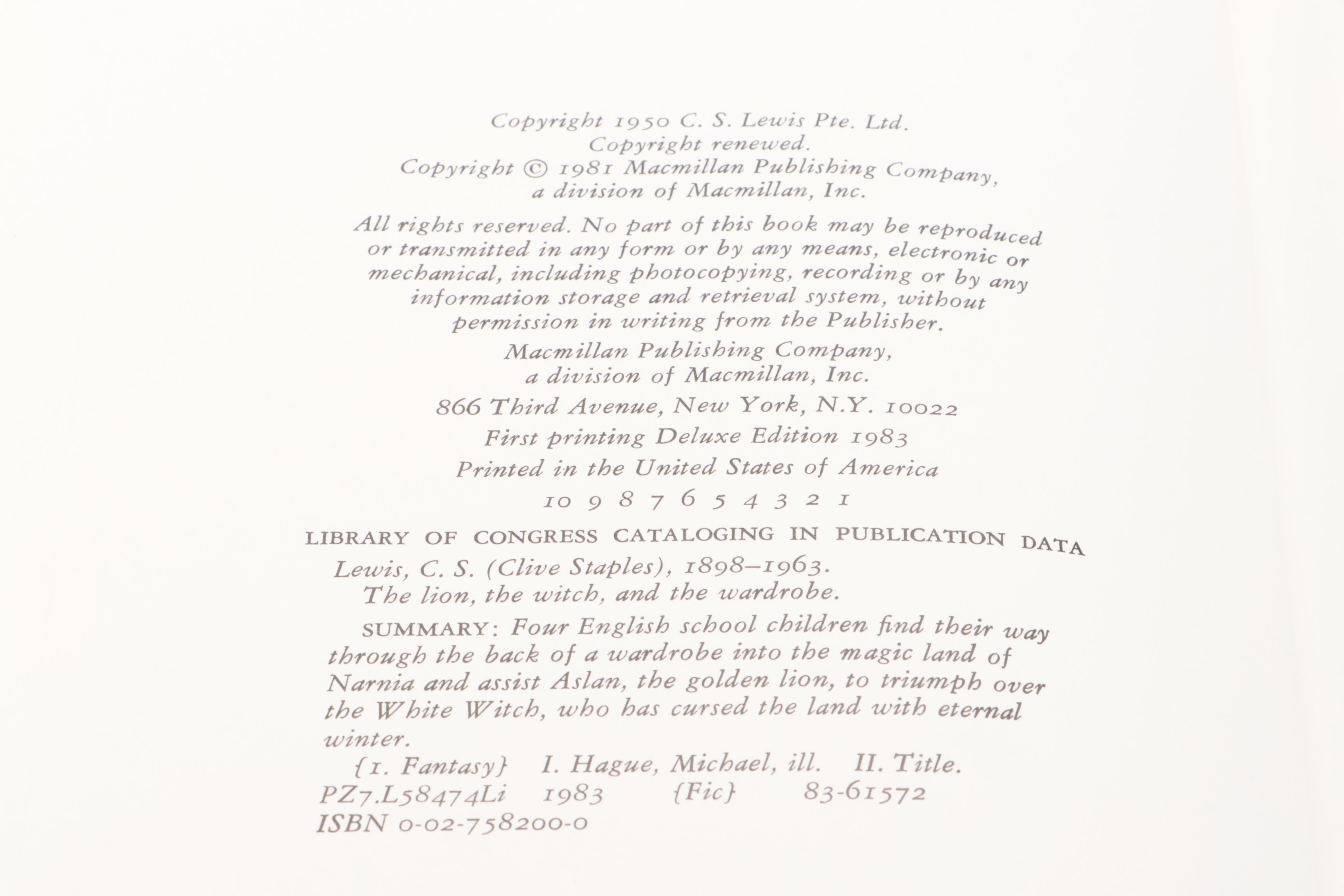 First Deluxe Printing "The Lion, the Witch and the Wardrobe" by C. S. Lewis