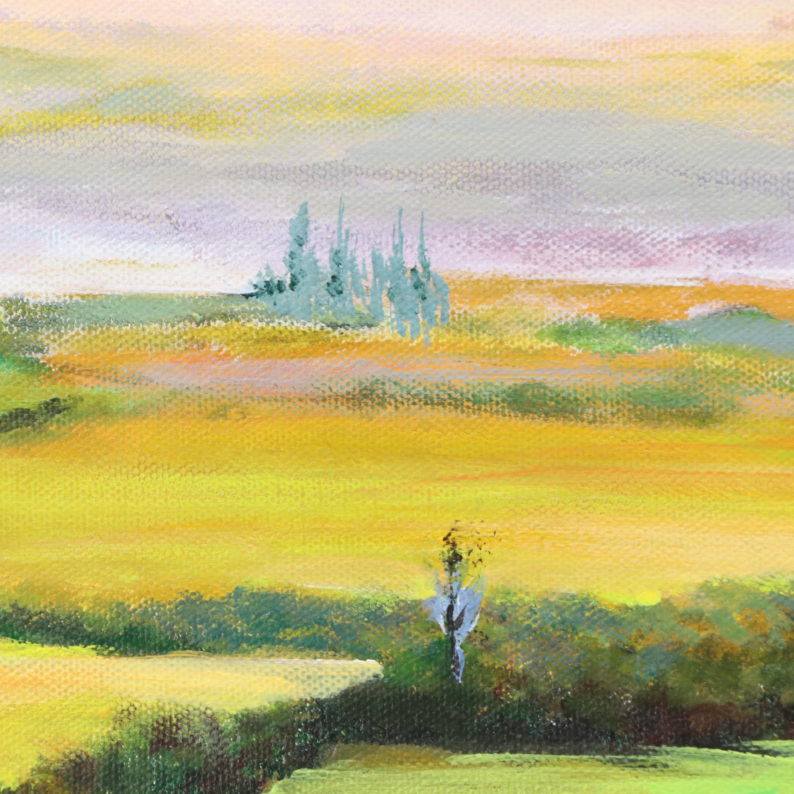 Rural Landscape Acrylic Painting with River and Distant Farms