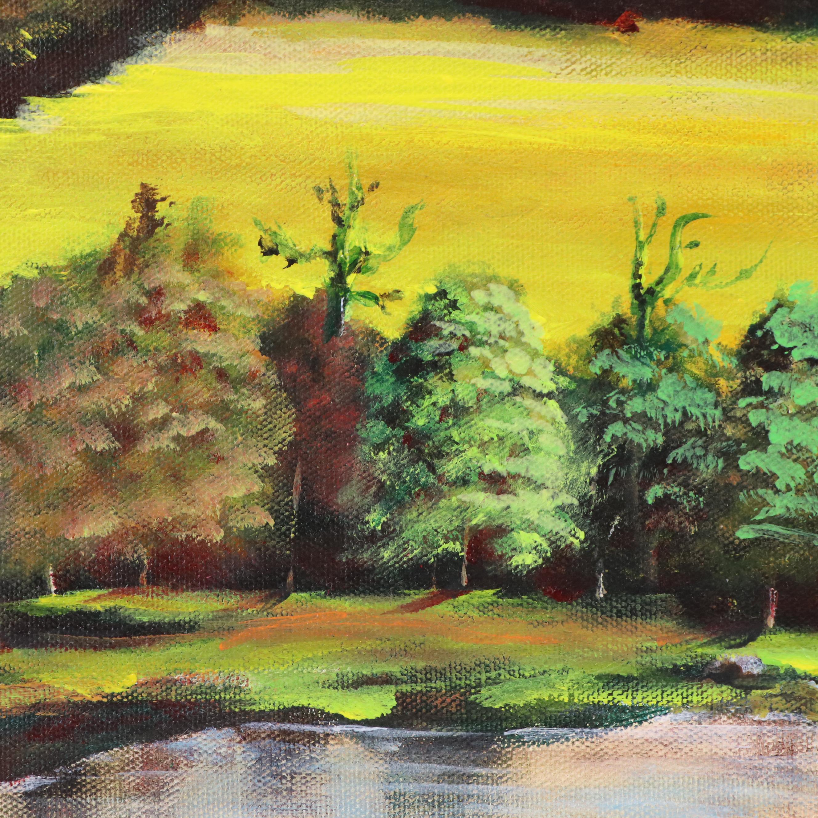 Rural Landscape Acrylic Painting with River and Distant Farms
