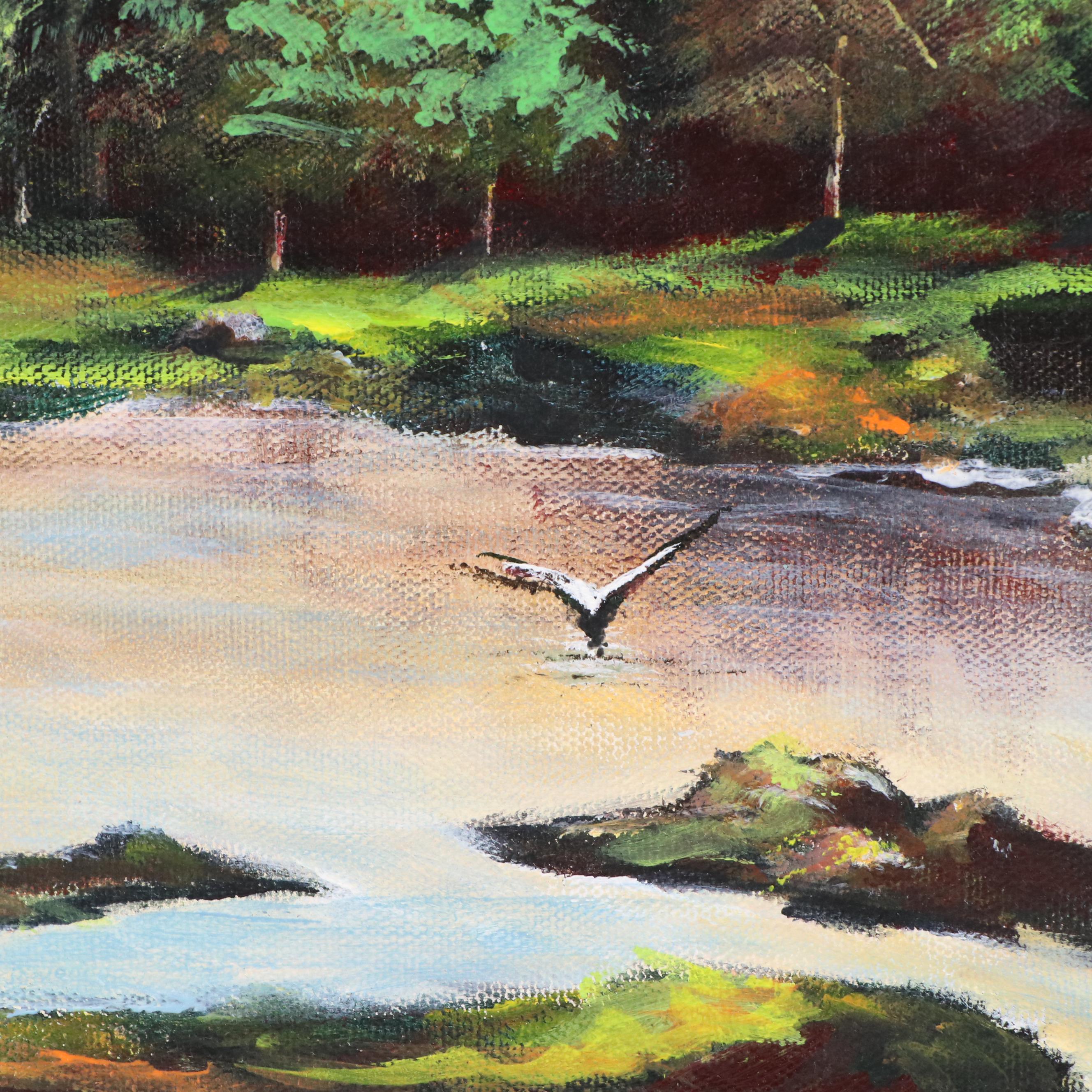 Rural Landscape Acrylic Painting with River and Distant Farms