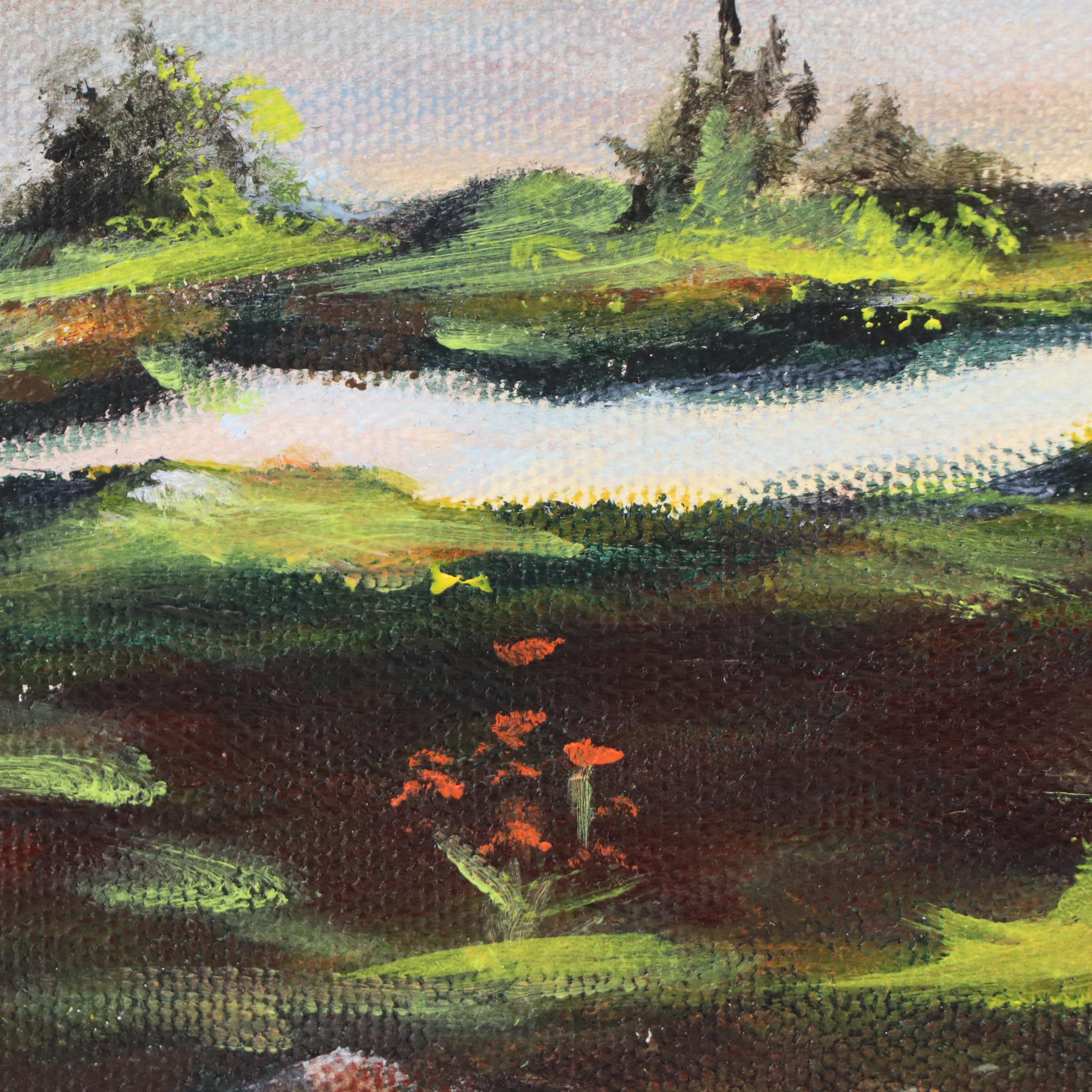 Rural Landscape Acrylic Painting with River and Distant Farms