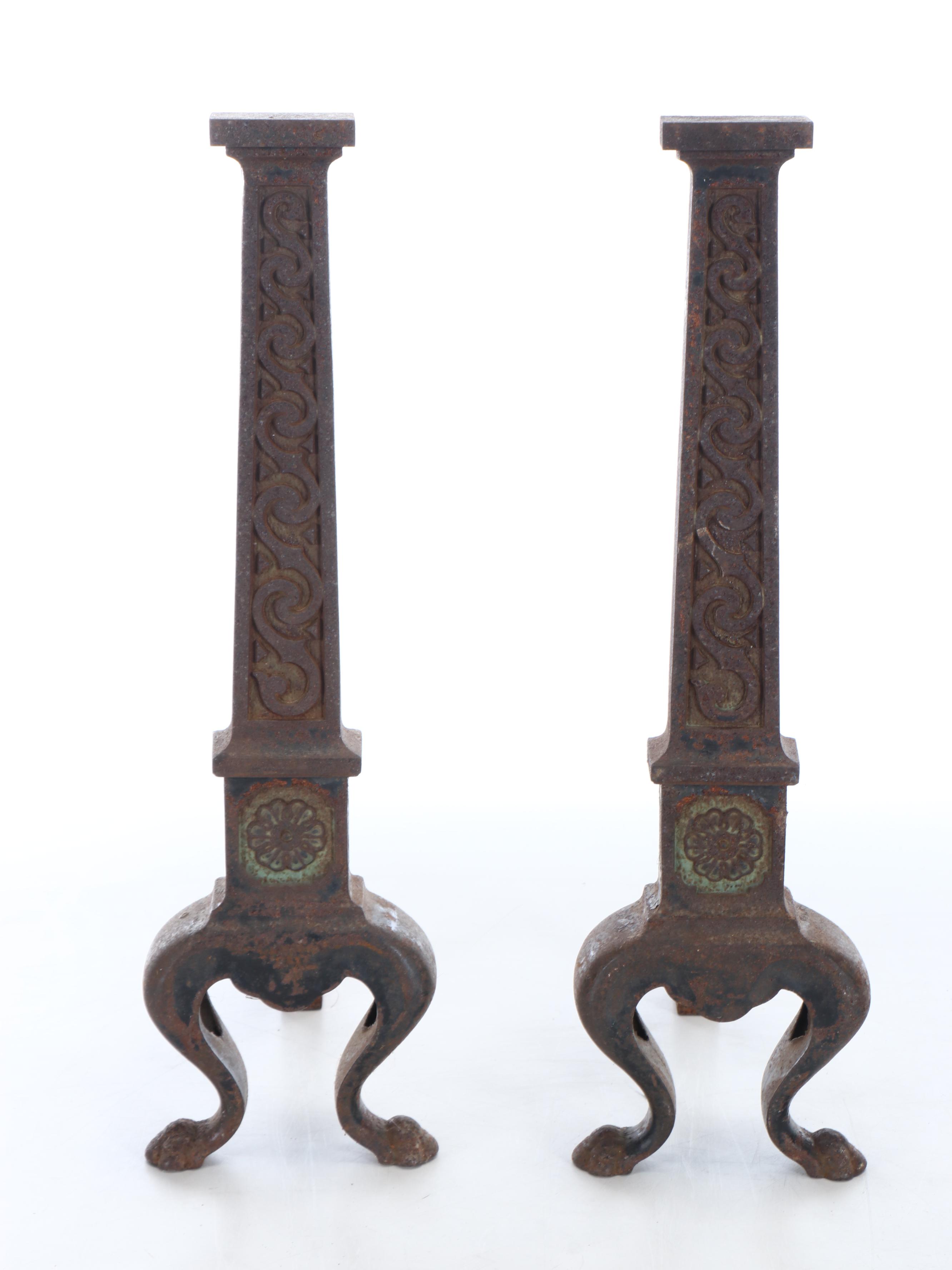 French Gothic Style Painted Cast Iron Andirons