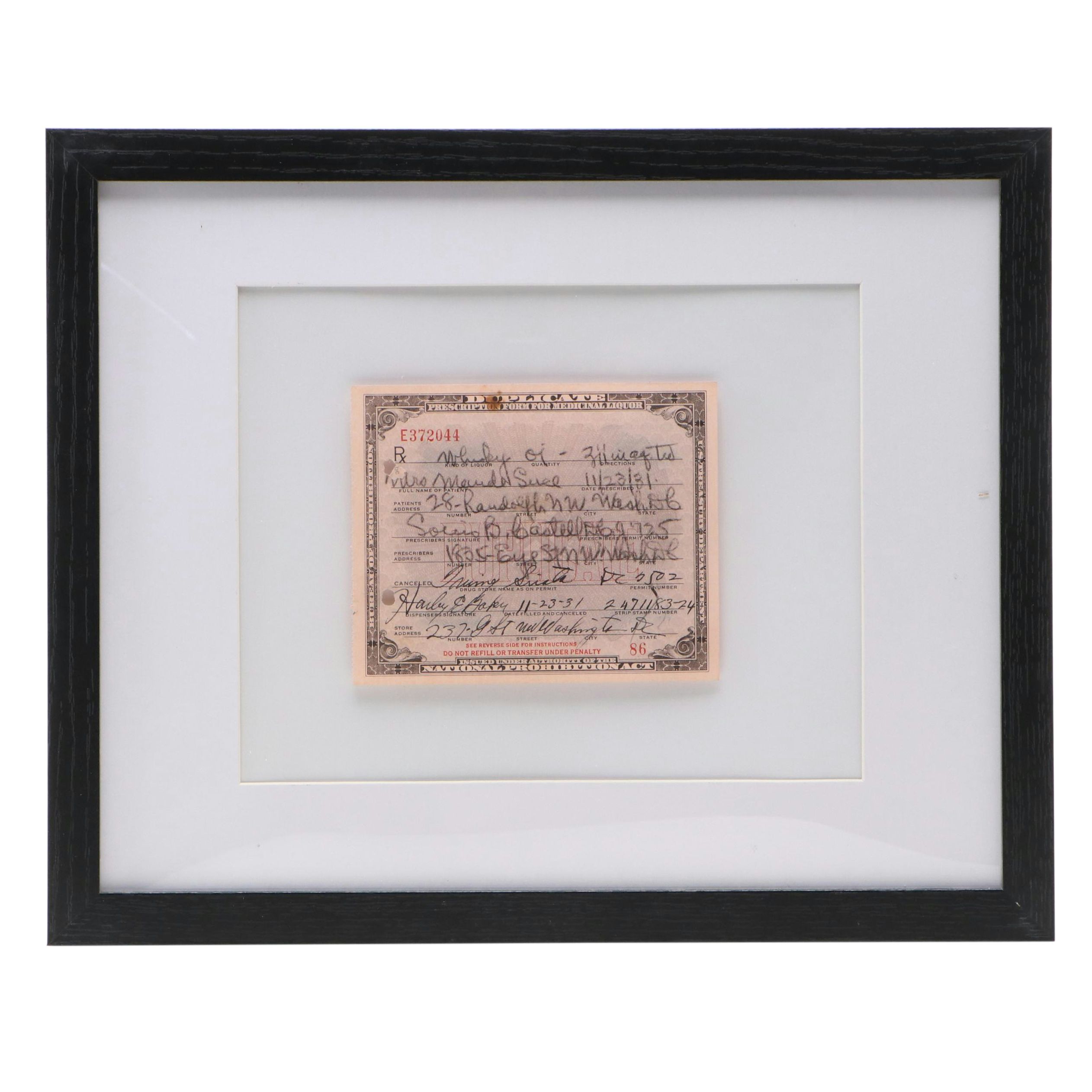 Prohibition Era Prescription Form for Whiskey, 1931