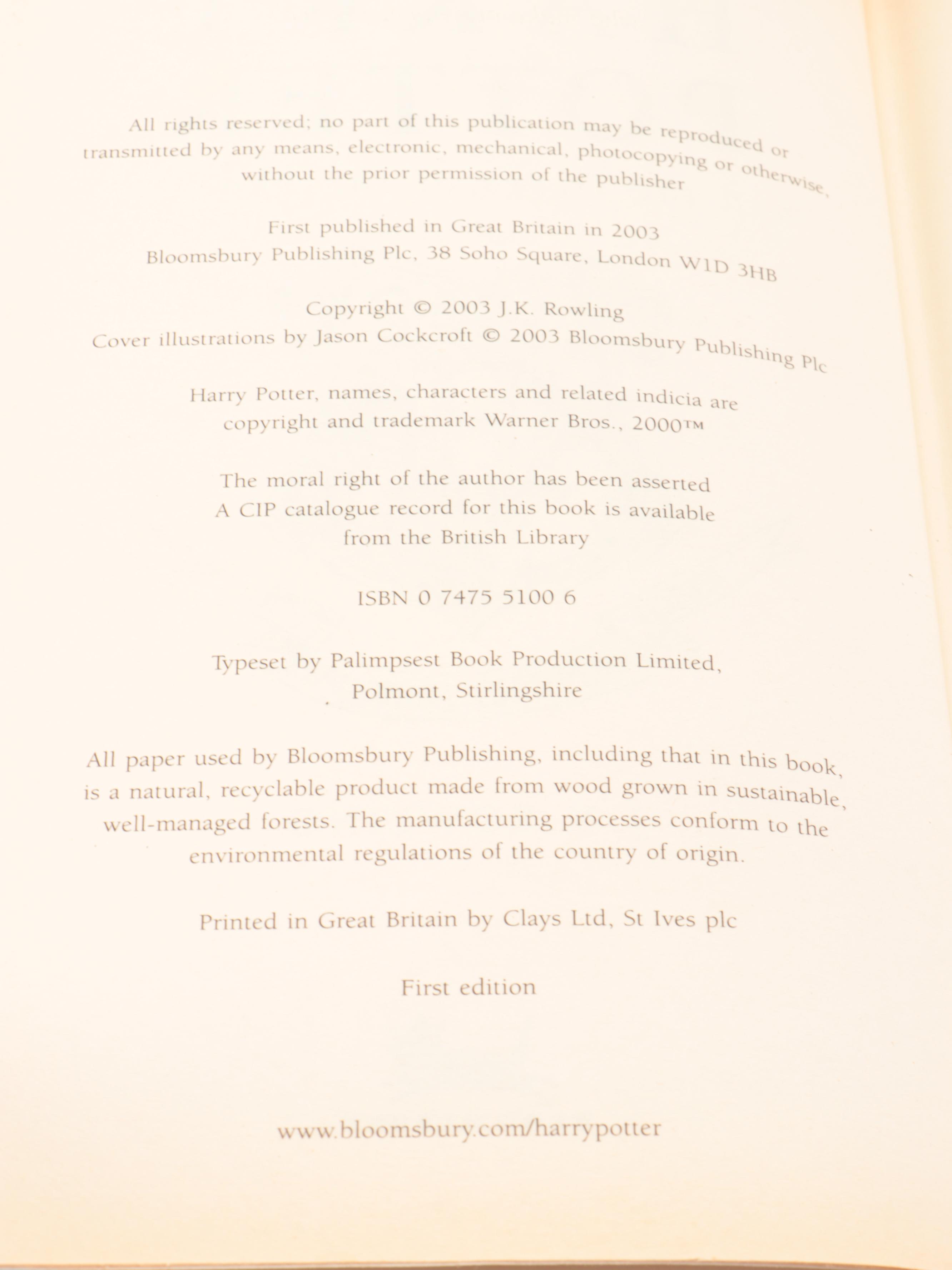 First UK Edition ""Harry Potter and the Order of the Phoenix" by J. K. Rowling