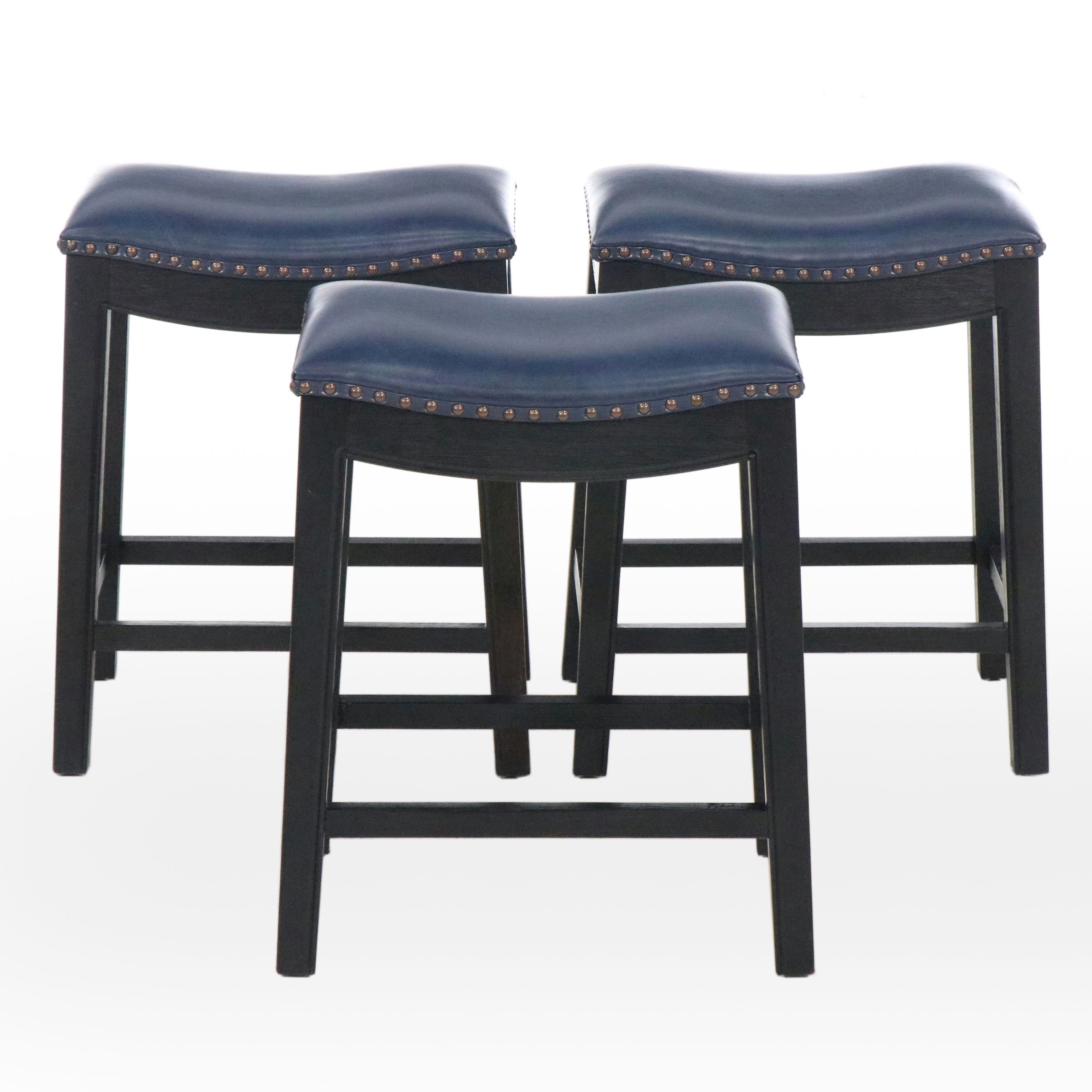 Set of Three Blue Faux Leather Upholstered Ebonized Wood Barstools