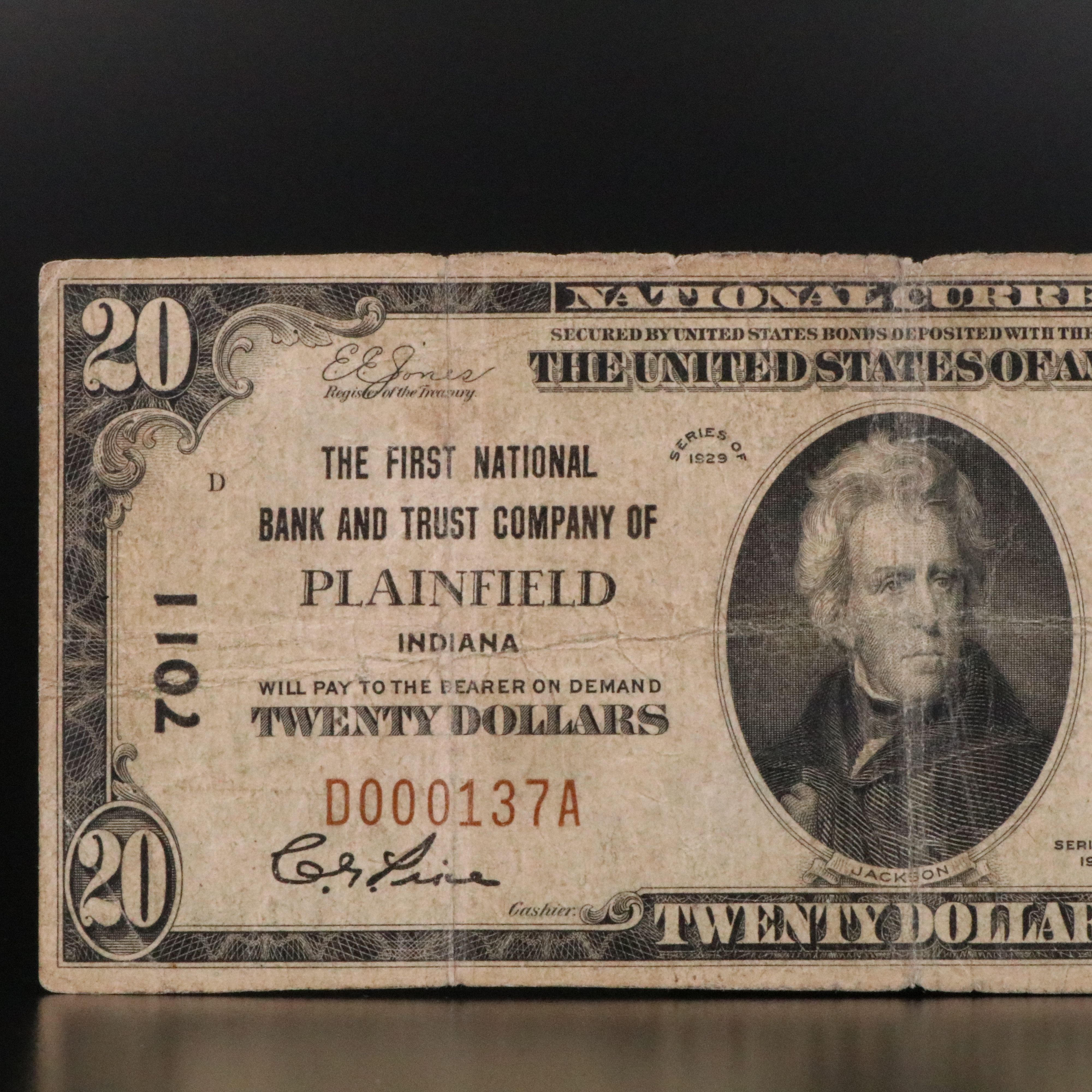 1929 $ 20.00 National Bank Note From the First National Bank of Plainfield, In.