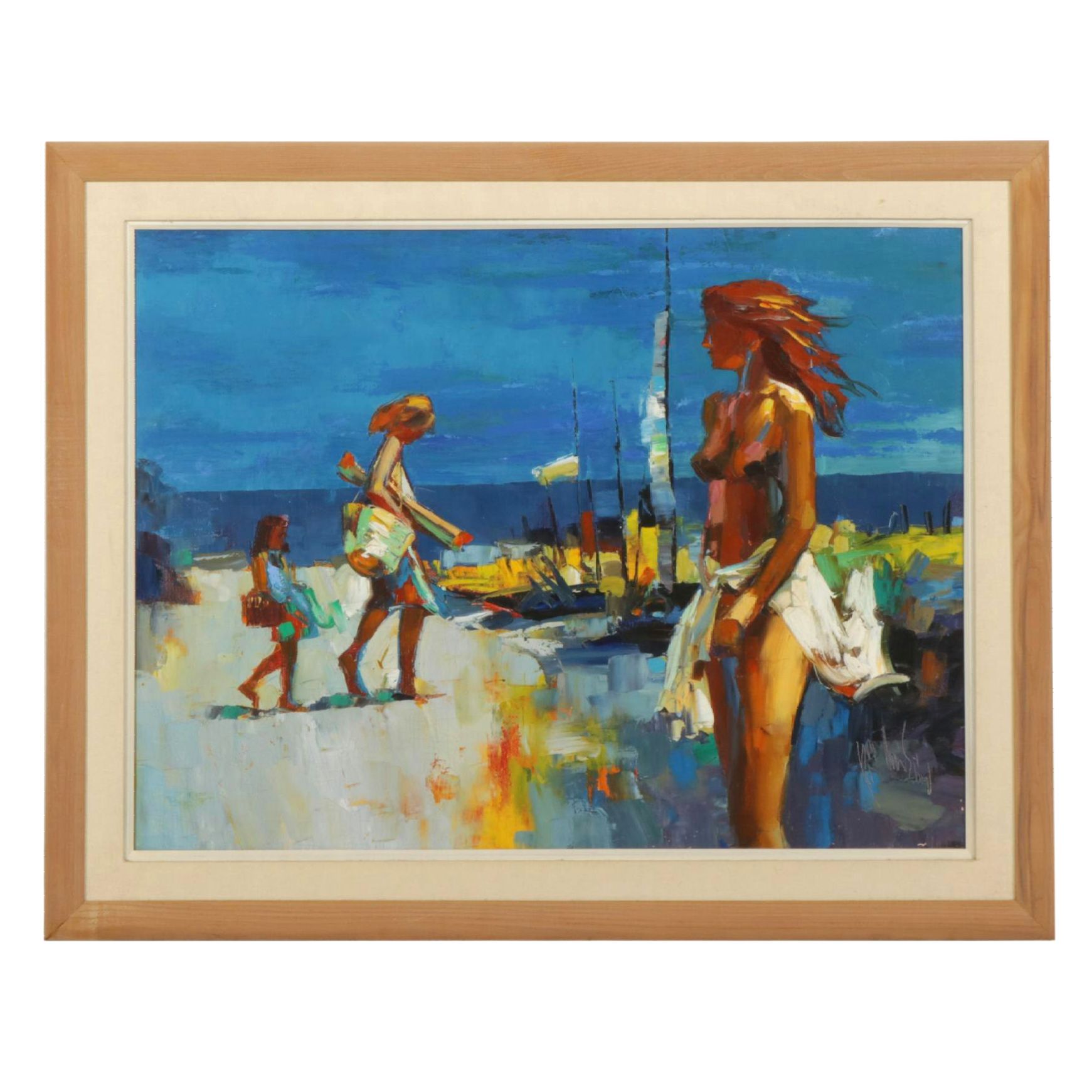 Roy Hustin "A Day at the Beach" Impasto Oil Painting, Late 20th Century