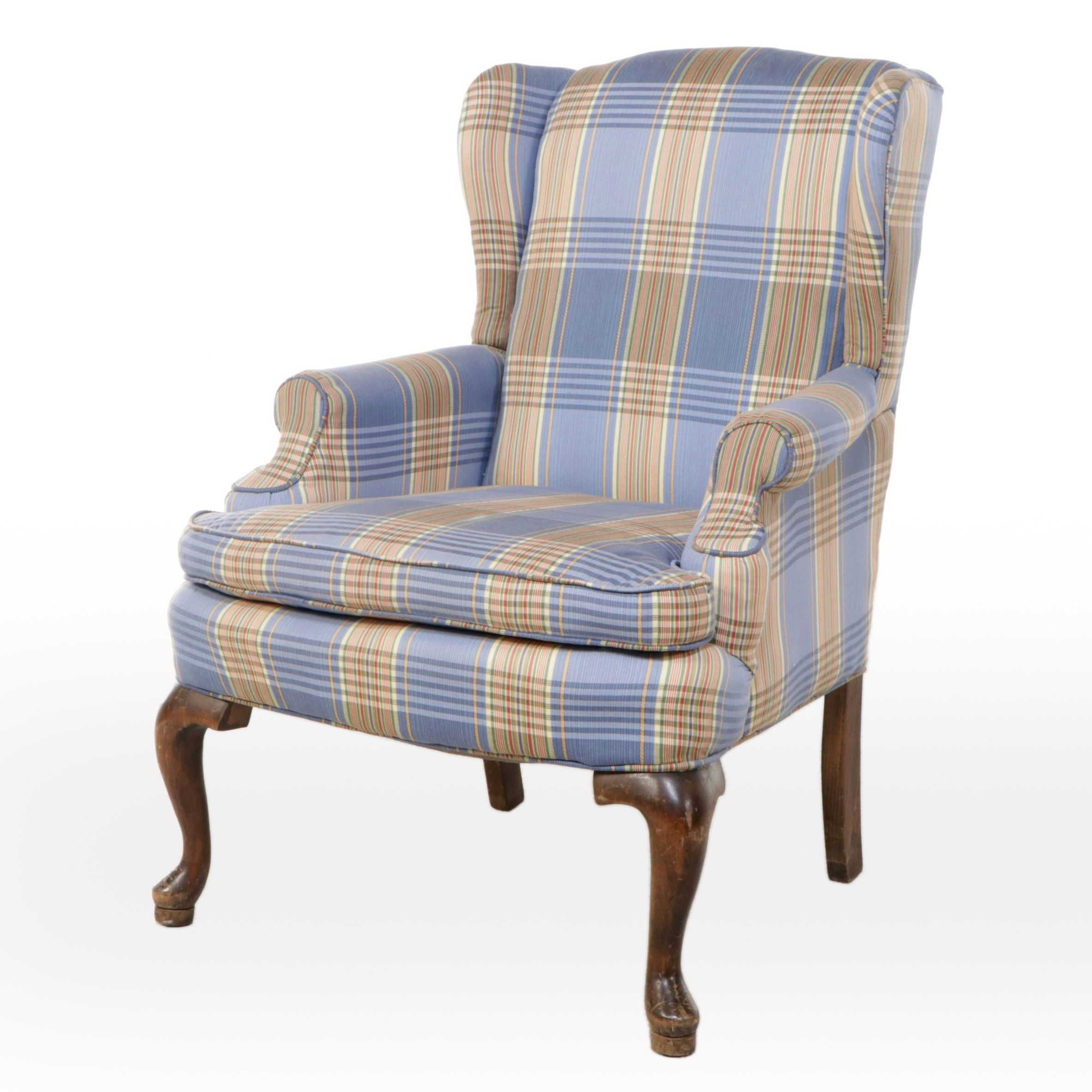 Queen Anne Style Plaid Fabric Upholstered Wingback Armchair