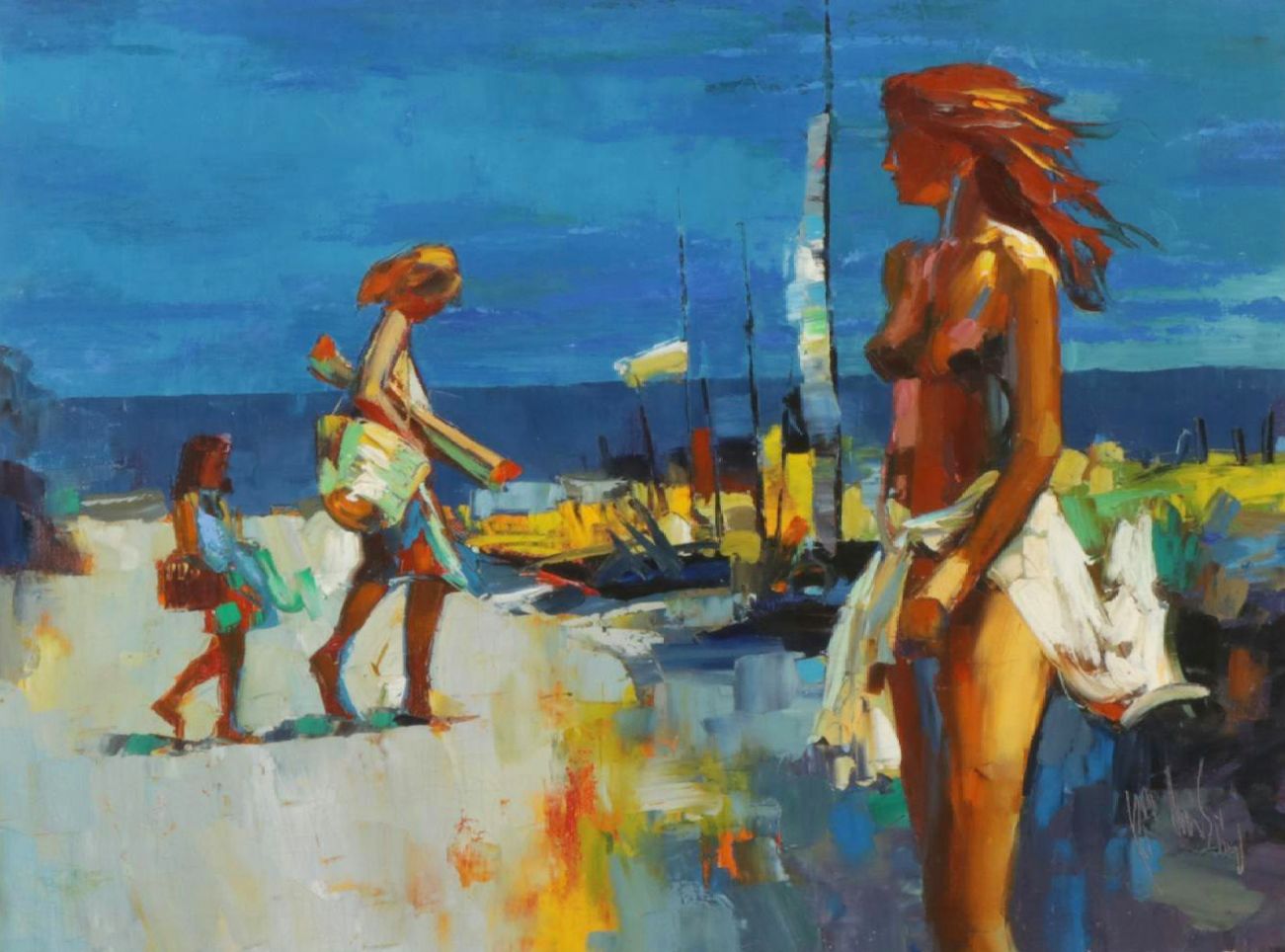 Roy Hustin "A Day at the Beach" Impasto Oil Painting, Late 20th Century