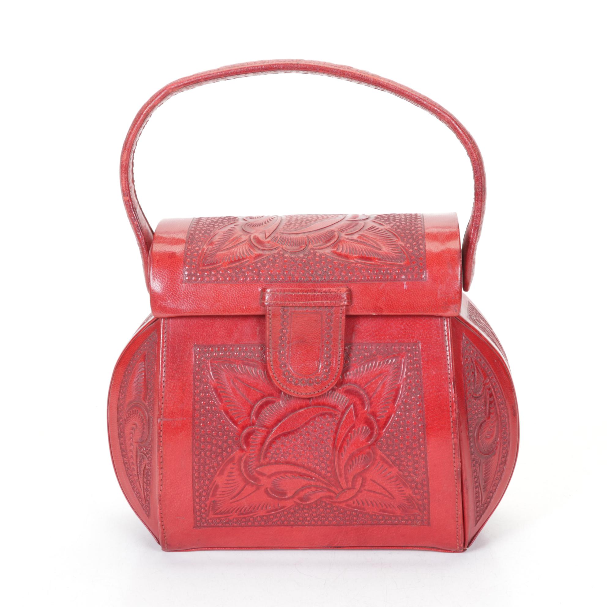 Aragon Hand-Tooled Red Leather Box Purse, Mid-Late 20th C.