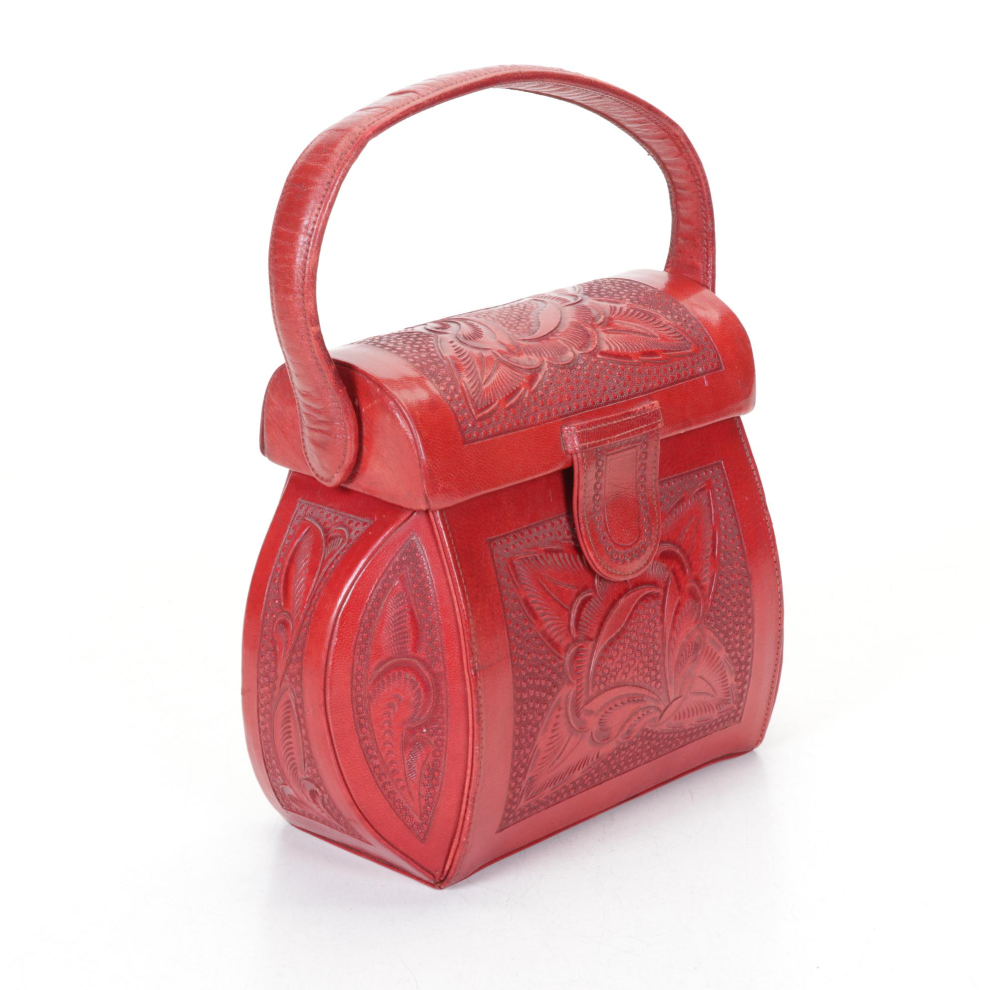 Aragon Hand-Tooled Red Leather Box Purse, Mid-Late 20th C.