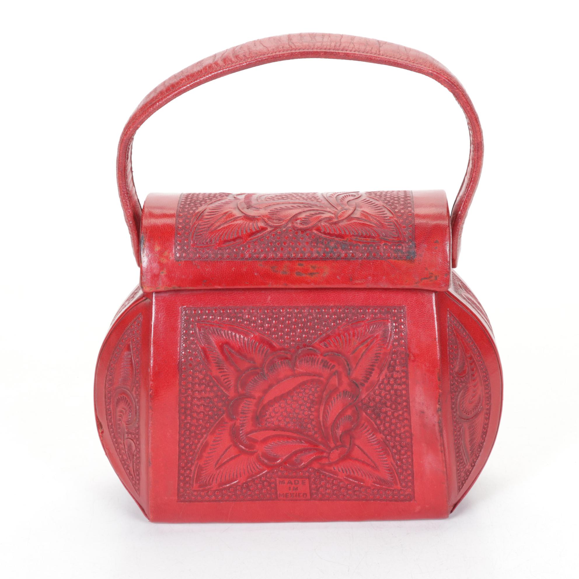 Aragon Hand-Tooled Red Leather Box Purse, Mid-Late 20th C.