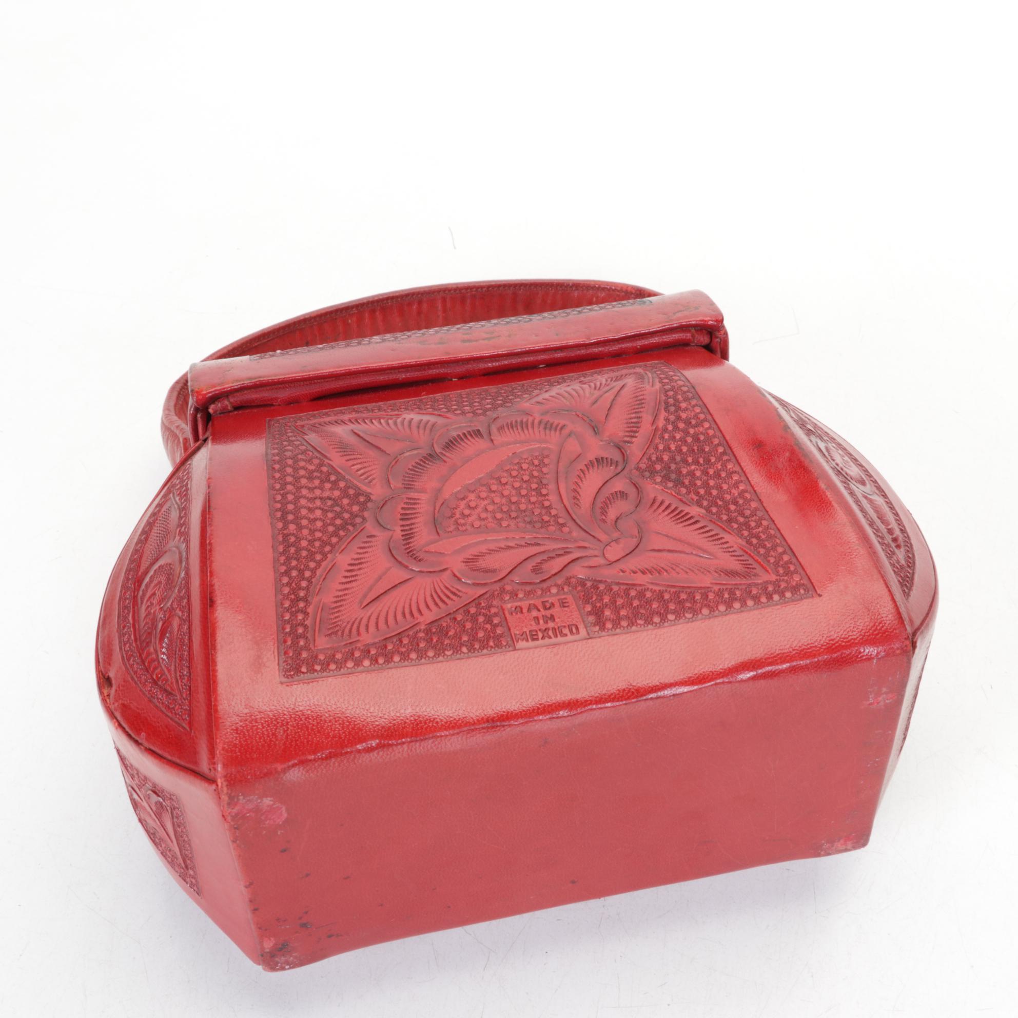 Aragon Hand-Tooled Red Leather Box Purse, Mid-Late 20th C.