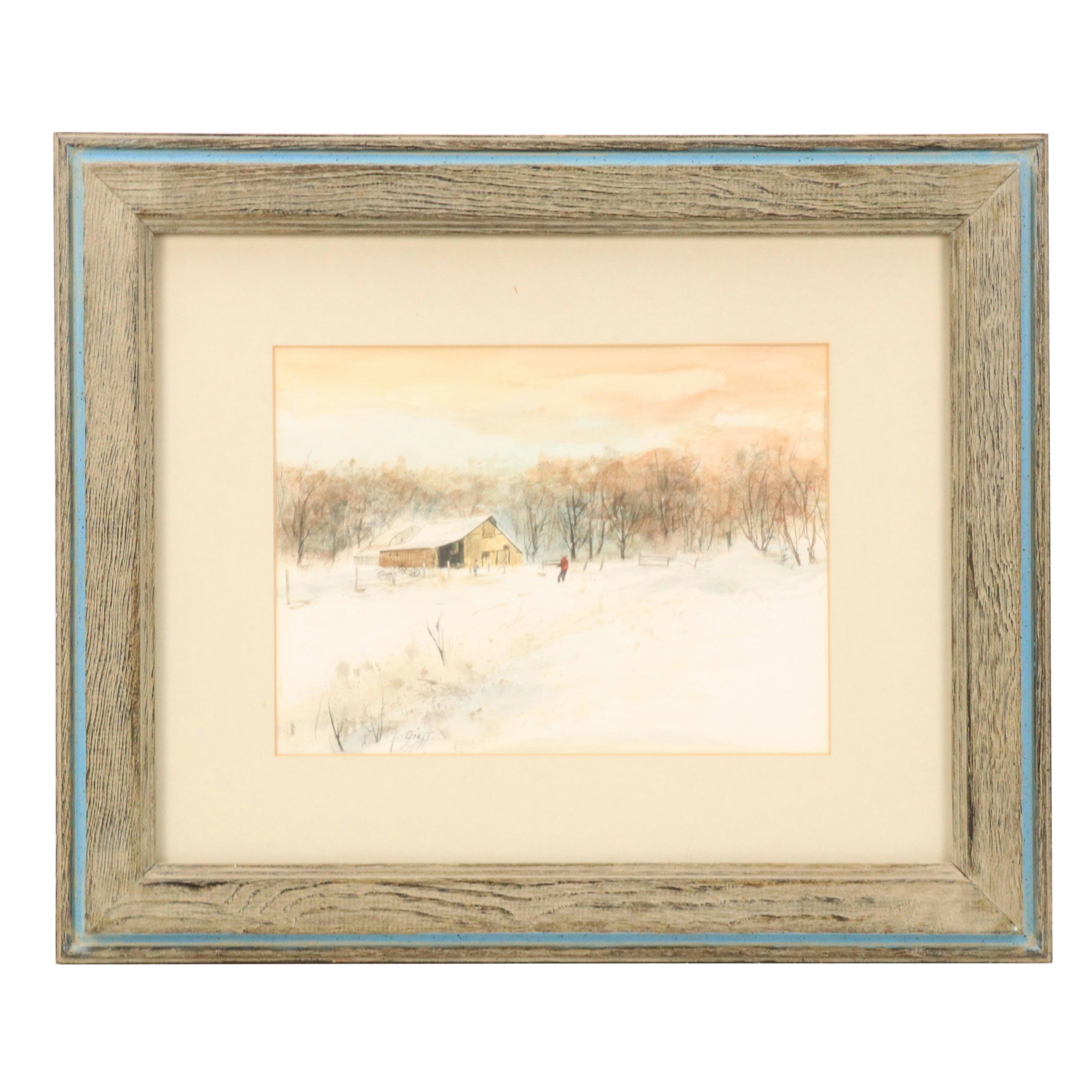 Rural Winter Landscape Watercolor Painting of Farmhouse