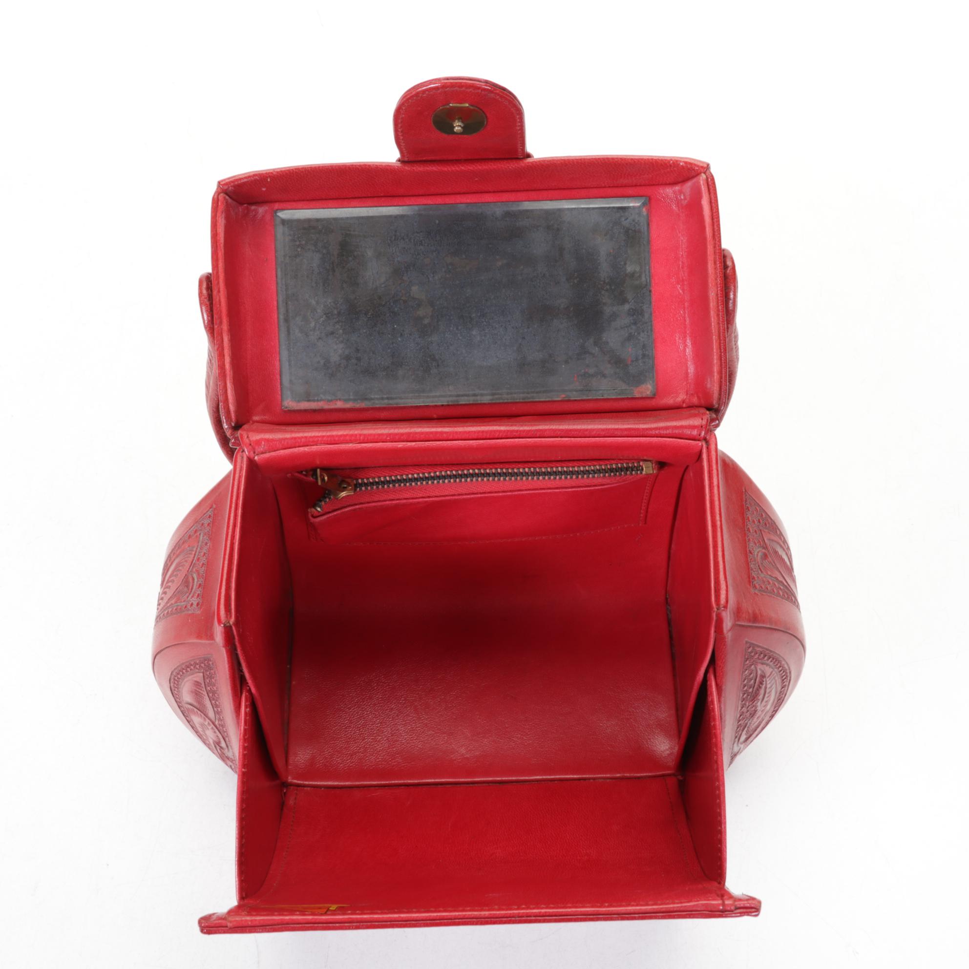 Aragon Hand-Tooled Red Leather Box Purse, Mid-Late 20th C.