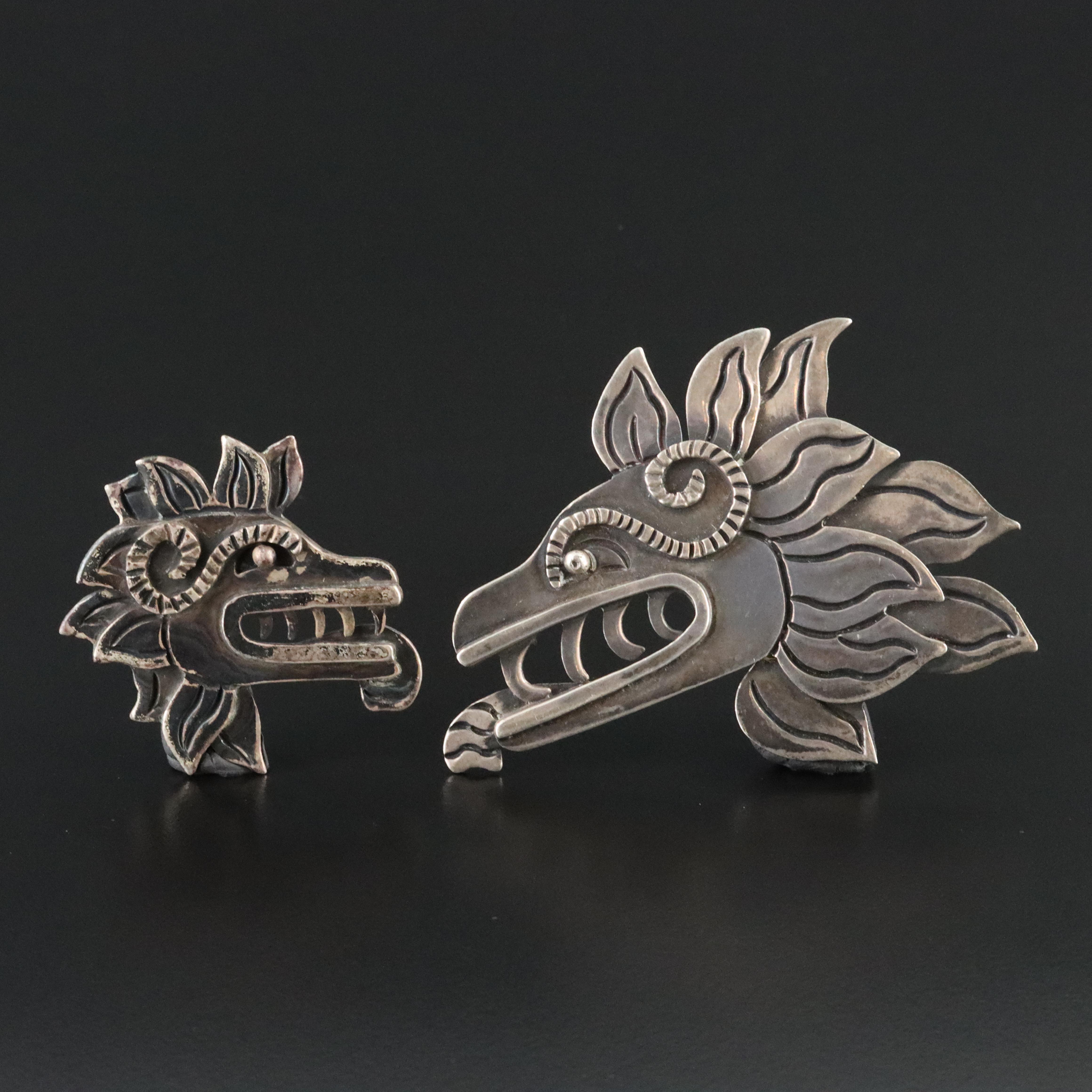 Doris Silver Shop and Corpus Artisans Mexican Sterling Quetzalcoatl Brooches