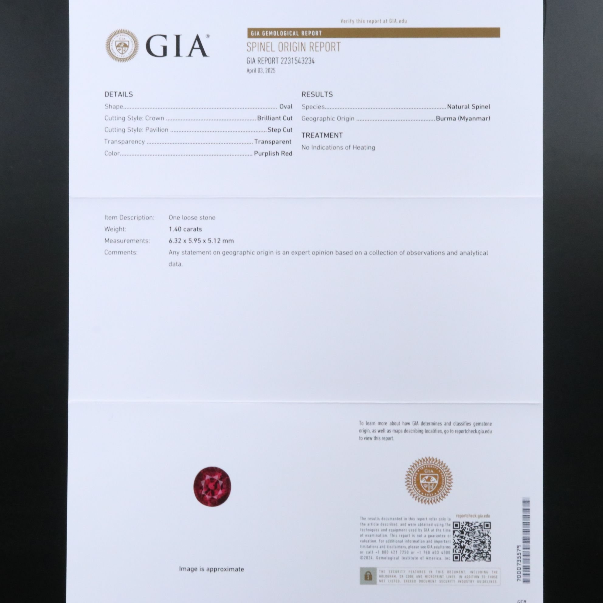 18K 1.40 CT Unheated Burmese Spinel and 1.02 CTW Diamond Ring with GIA Report