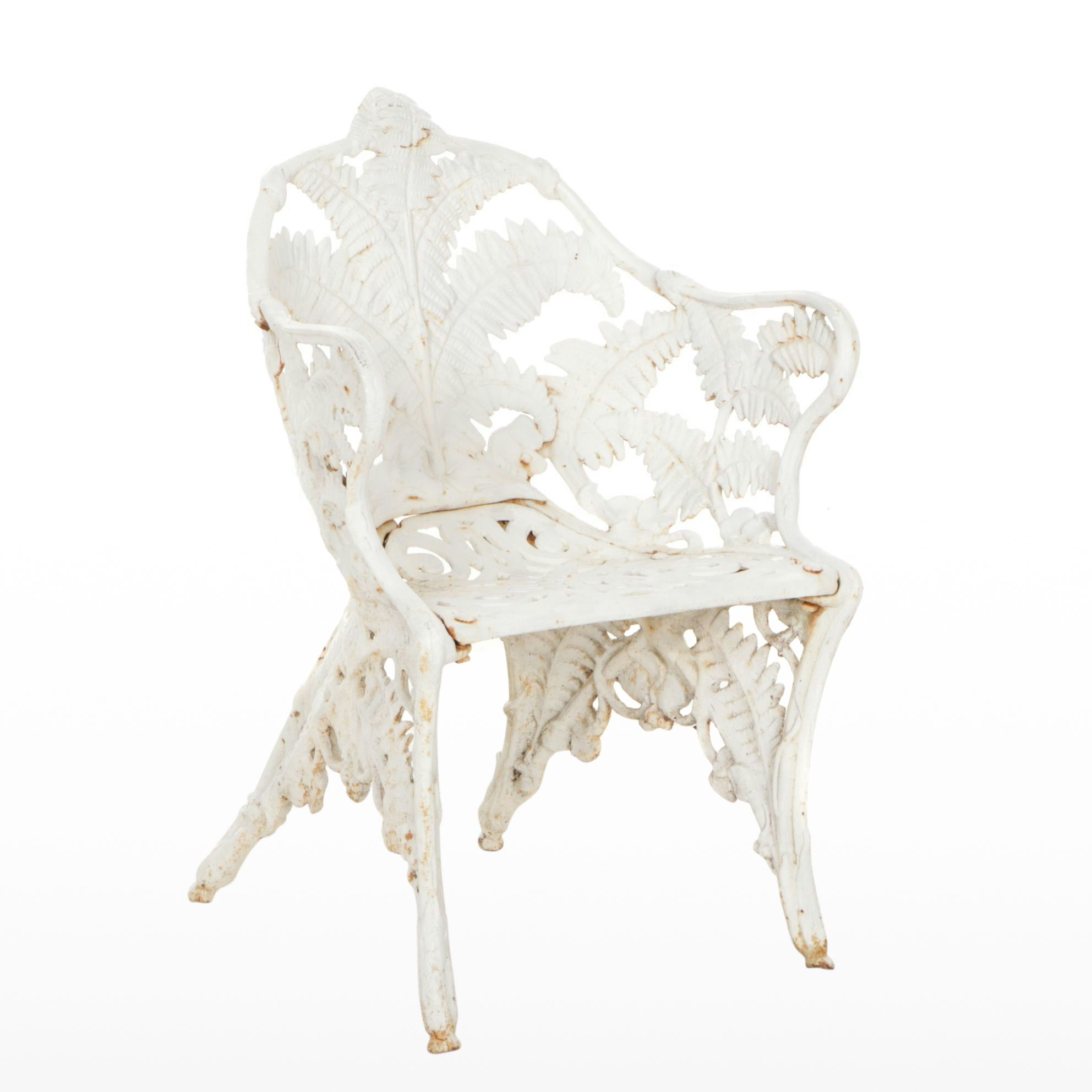 White-Painted Cast Iron Outdoor Chair With Fern Frond Back and Triangle Seat