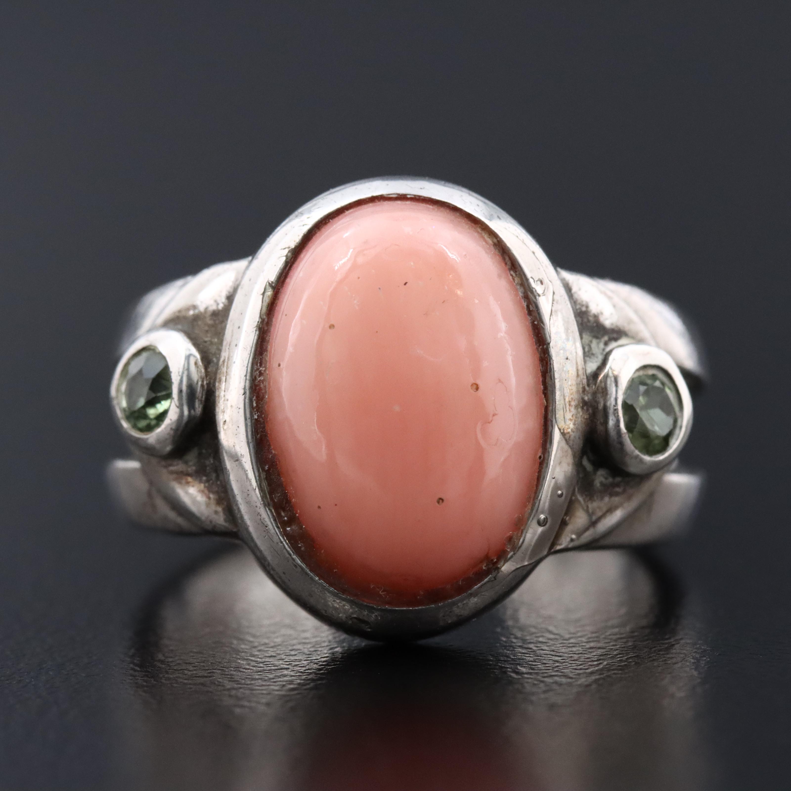 Sterling Coral and Sapphire Open Shank Ring