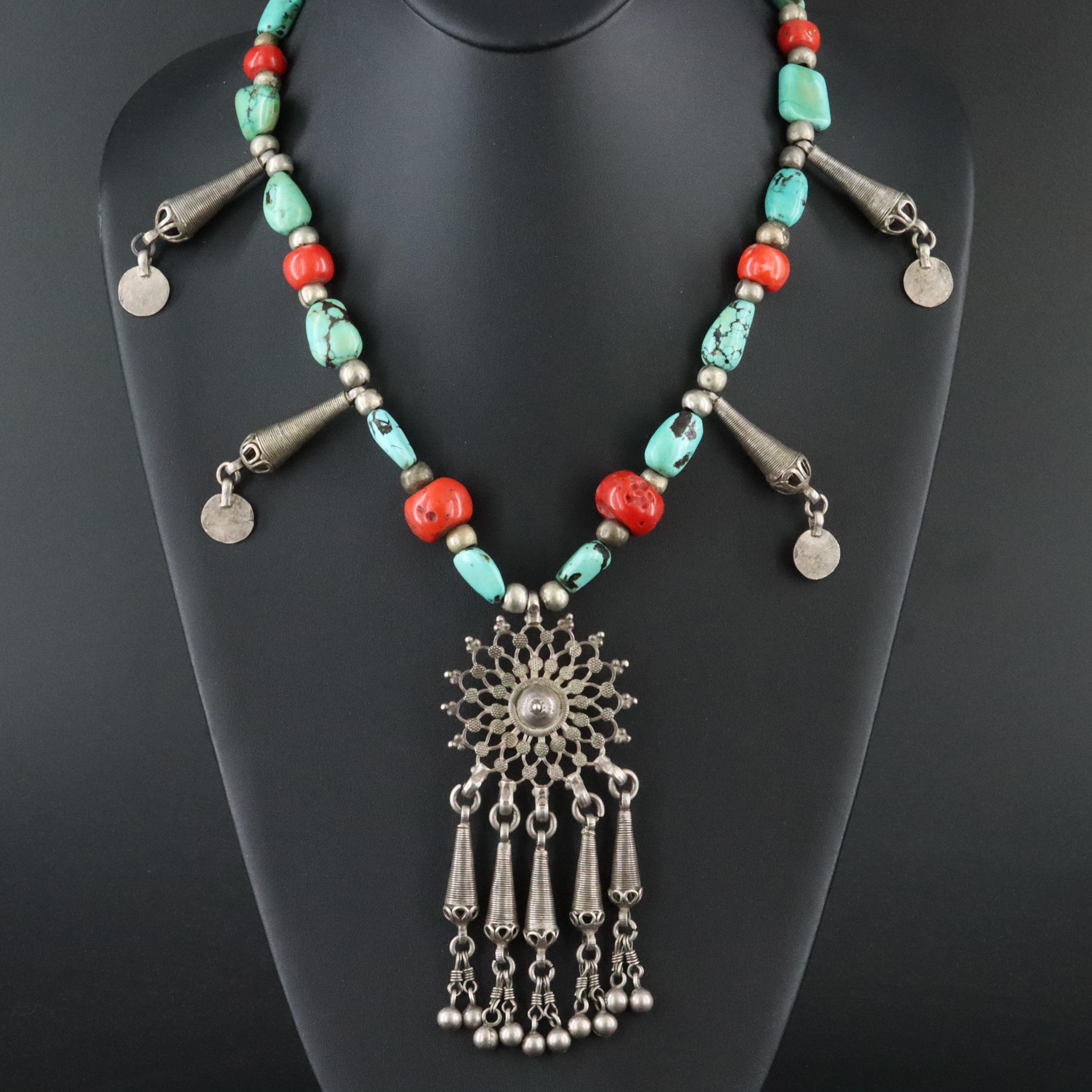 Moroccan Style Turquoise and Coral Necklace