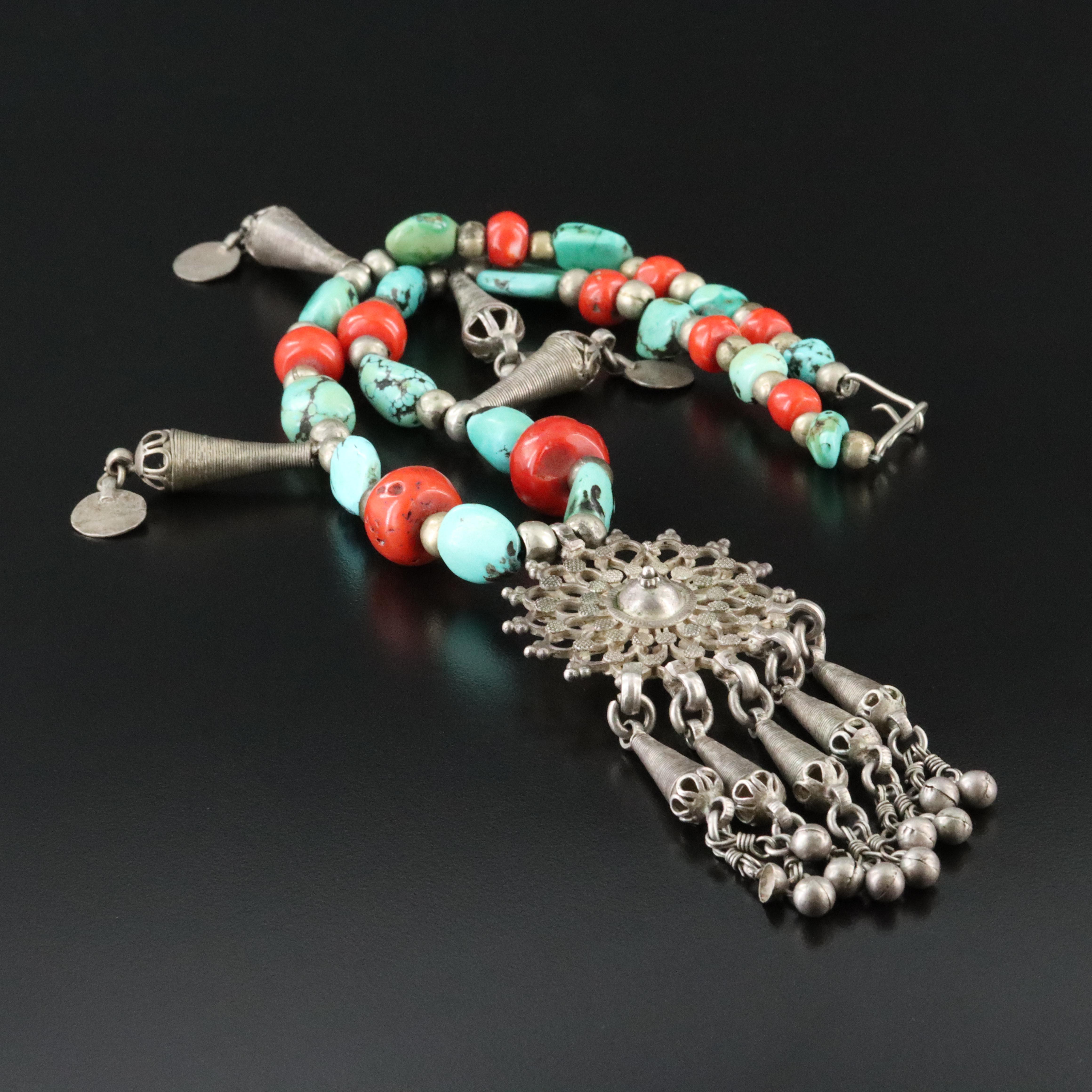Moroccan Style Turquoise and Coral Necklace
