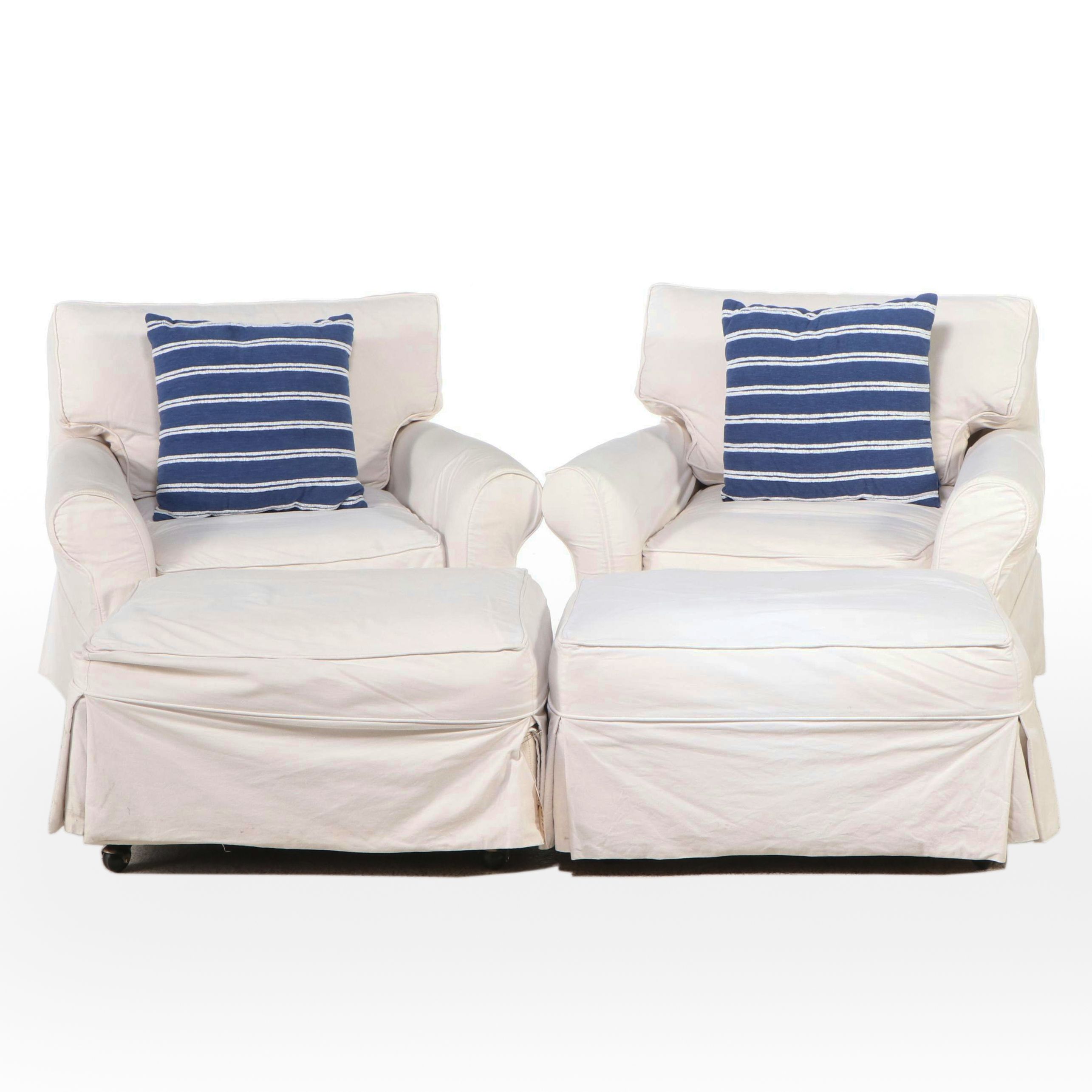 Slip Covered Armchairs with Ottomans and Interchangeable Covers