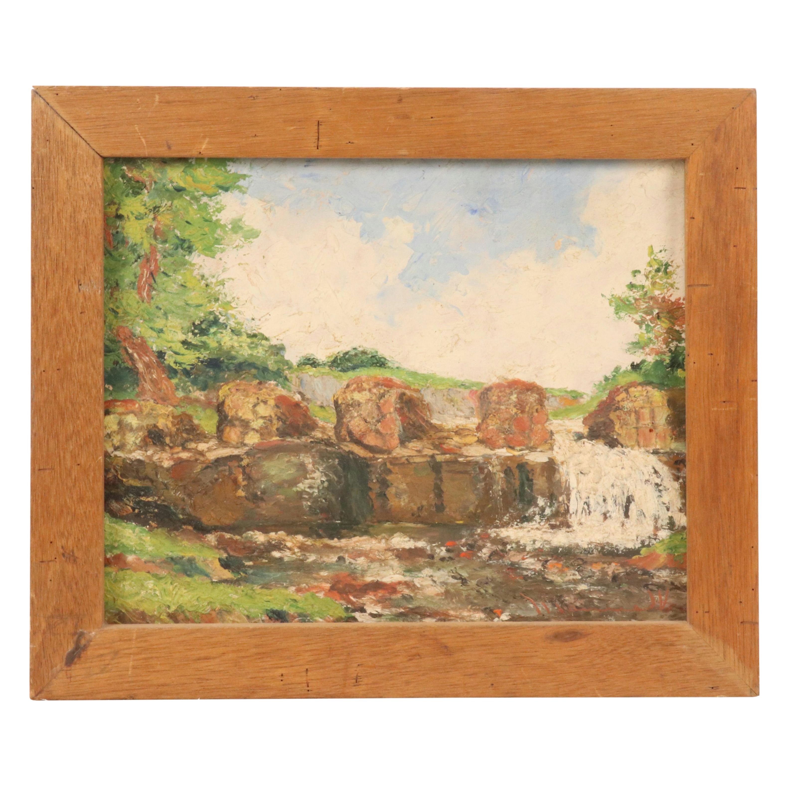Waterfall Landscape Oil Painting, Mid-20th Century