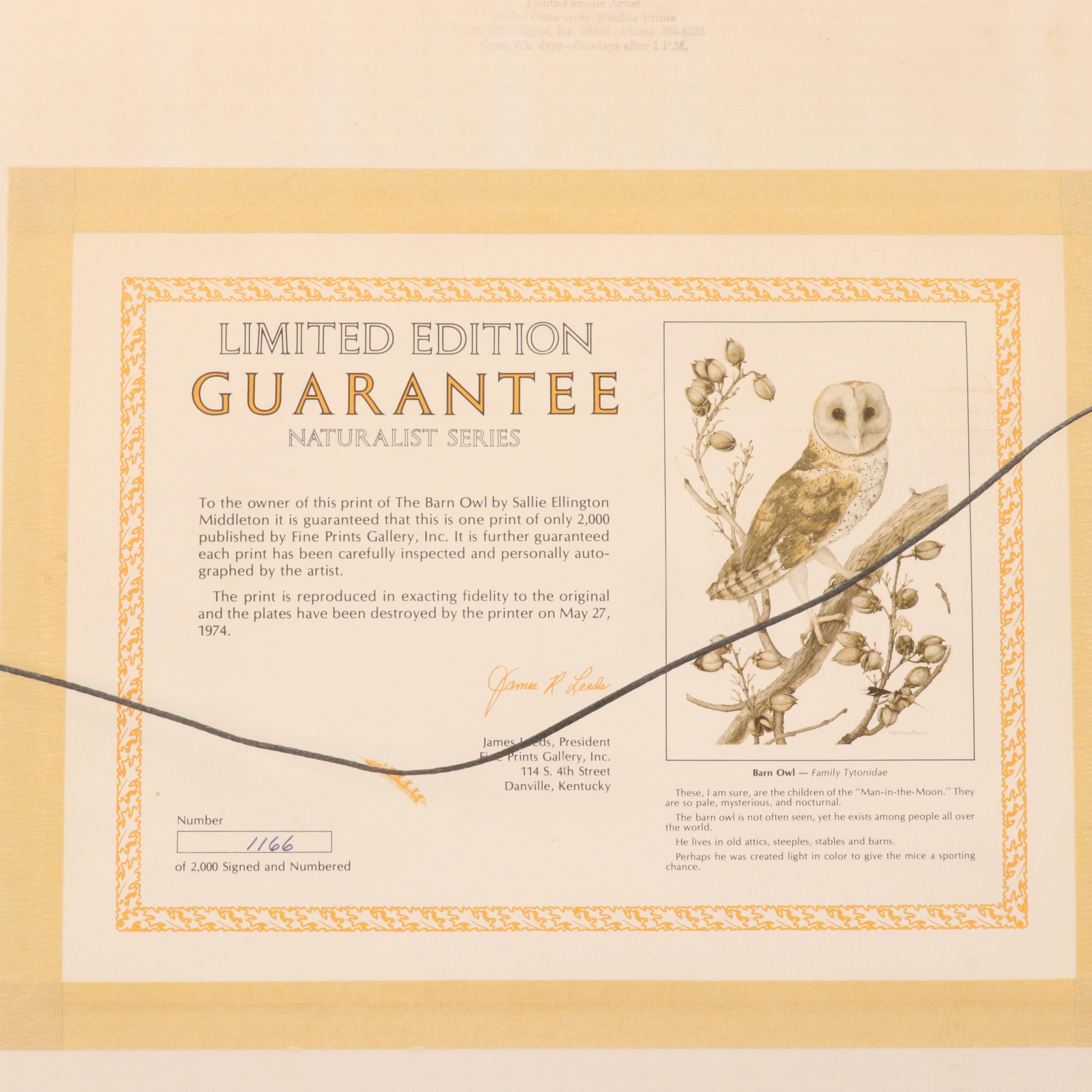 Sallie Ellington Middleton Offset Lithograph "Barn Owl," Late 20th Century