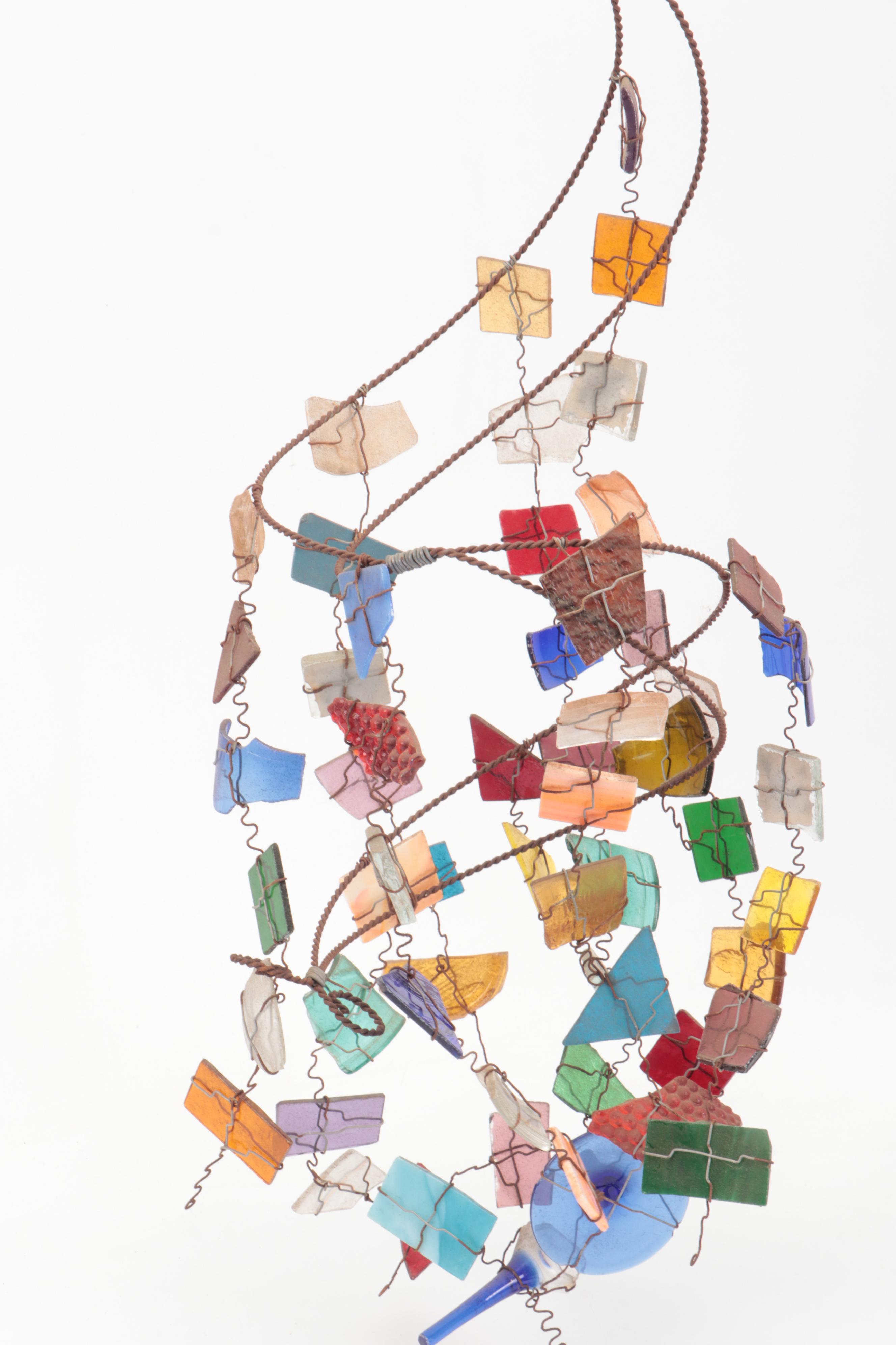 Handmade Art Glass and Metal Kinetic Glass Wind Chime with Glass Flowers