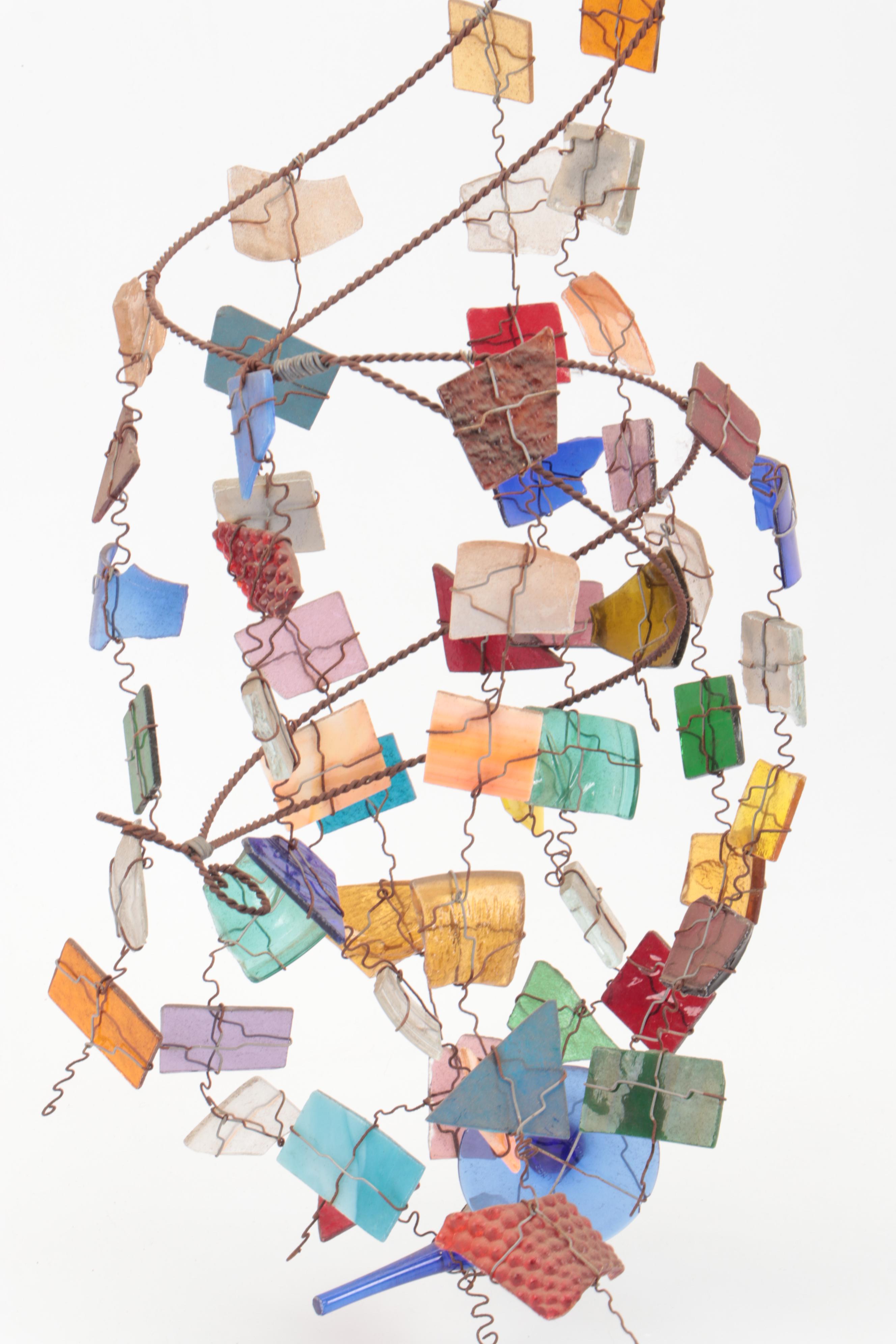 Handmade Art Glass and Metal Kinetic Glass Wind Chime with Glass Flowers