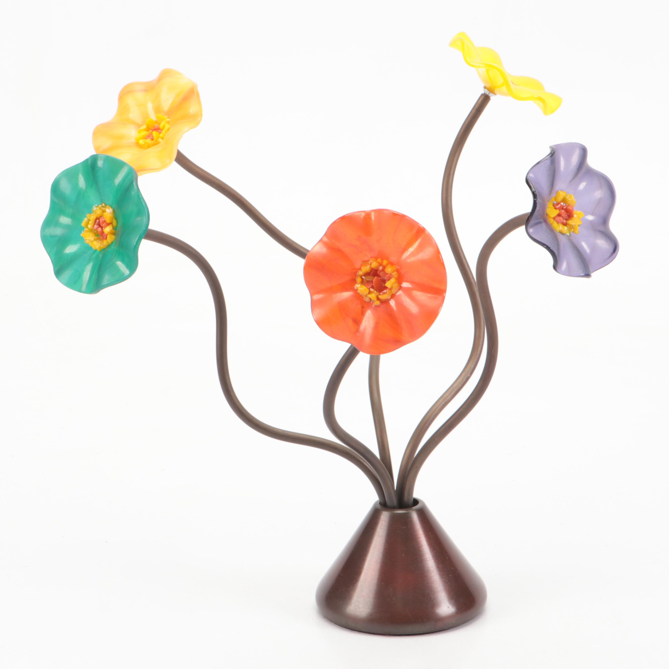 Handmade Art Glass and Metal Kinetic Glass Wind Chime with Glass Flowers